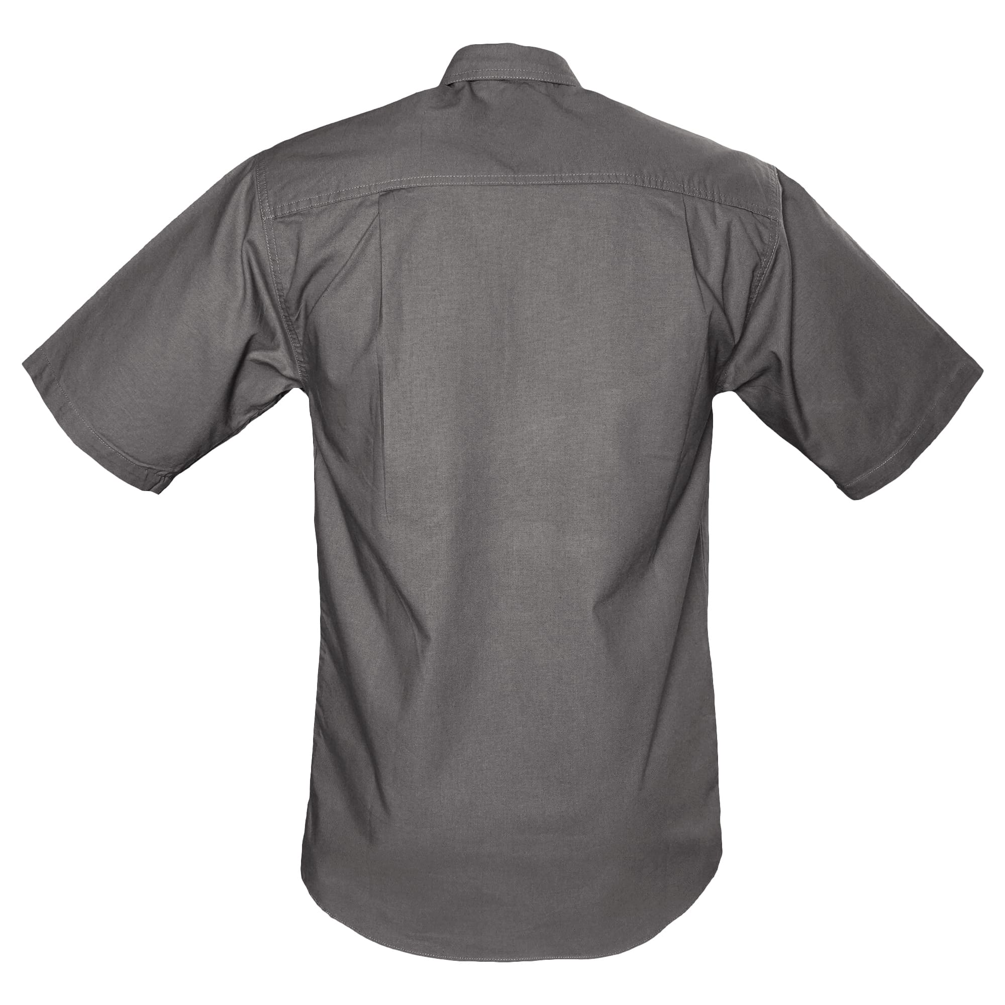Back view of a Tag Safari Short-Sleeve Trail Shirt for Men in Olive Gray. Shows a double-layered yoke with back tucks, and functional epaulettes.--2