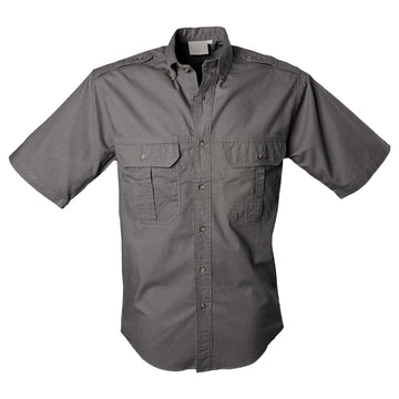 Tag Safari Short-Sleeve Trail Shirt for Men features button-flap chest pockets, functional epaulettes, and durable double stitching. Shown in Olive Gray.