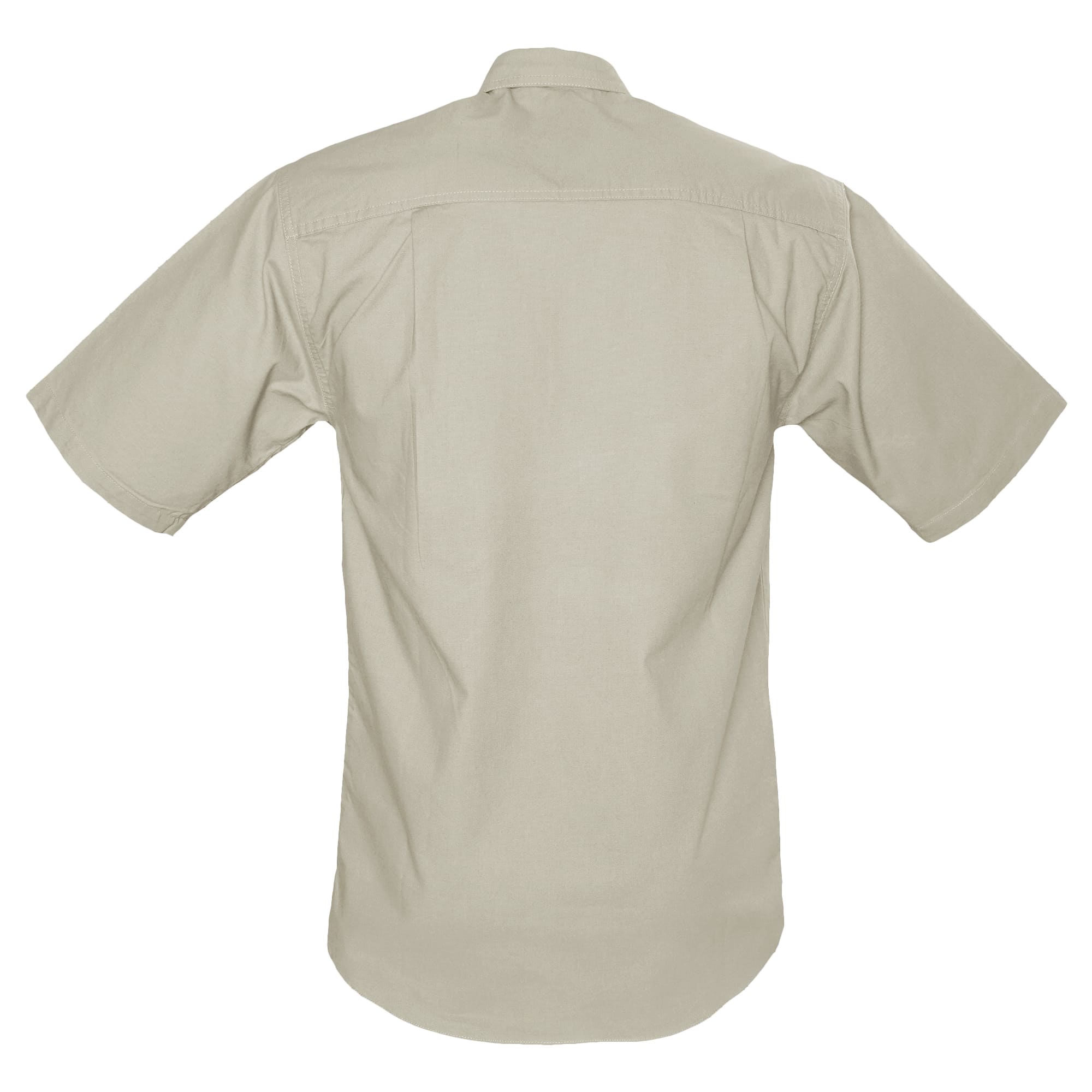 Back view of a Tag Safari Short-Sleeve Trail Shirt for Men in Stone. Shows a double-layered yoke with back tucks, and functional epaulettes.--11