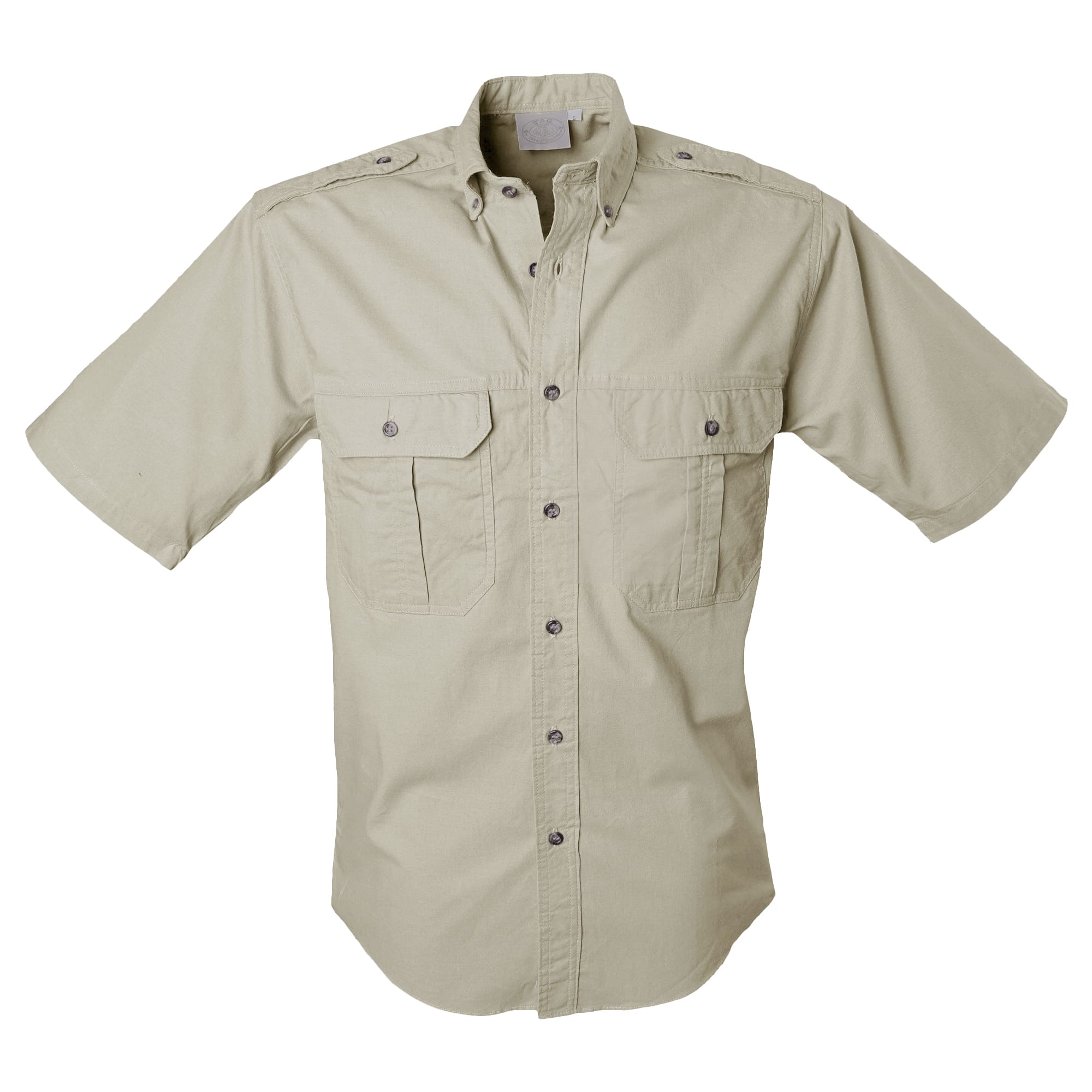 Front view of a Tag Safari Short-Sleeve Trail Shirt for Men in Stone. Shows two button-flap chest pockets, functional epaulettes, and a button-down front placket.--10