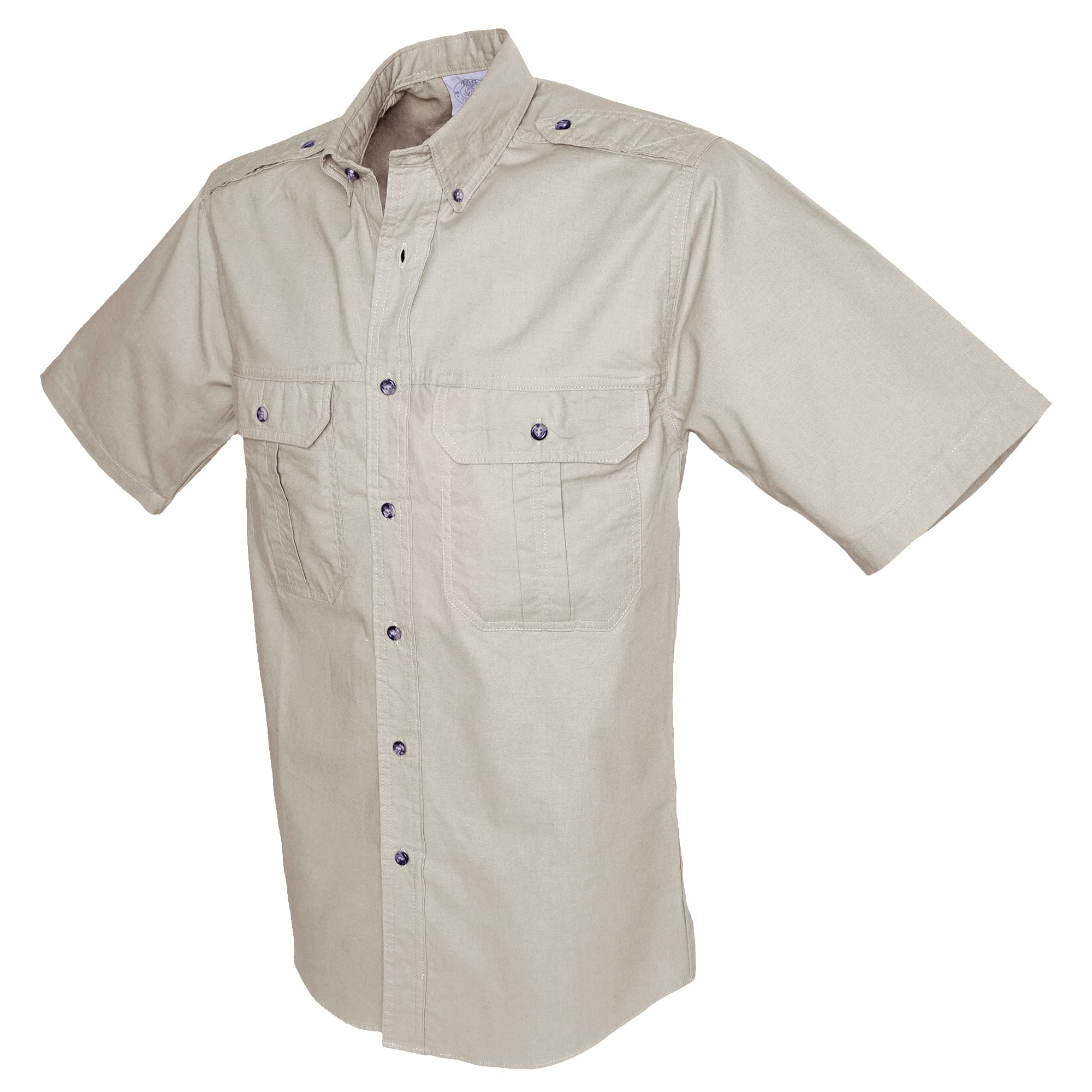 Side view of a Tag Safari Short-Sleeve Trail Shirt for Men in Stone. Shows two button-flap chest pockets, functional epaulettes, and a button-down front placket.--12