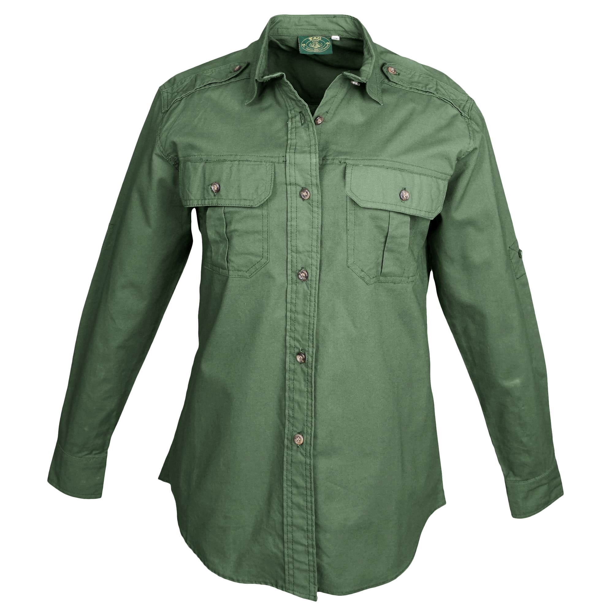 Tag Safari Long-Sleeve Trail Shirt for Women features button-flap chest pockets, functional epaulettes, and roll-up sleeve tabs. Shown in Forest Green.--10