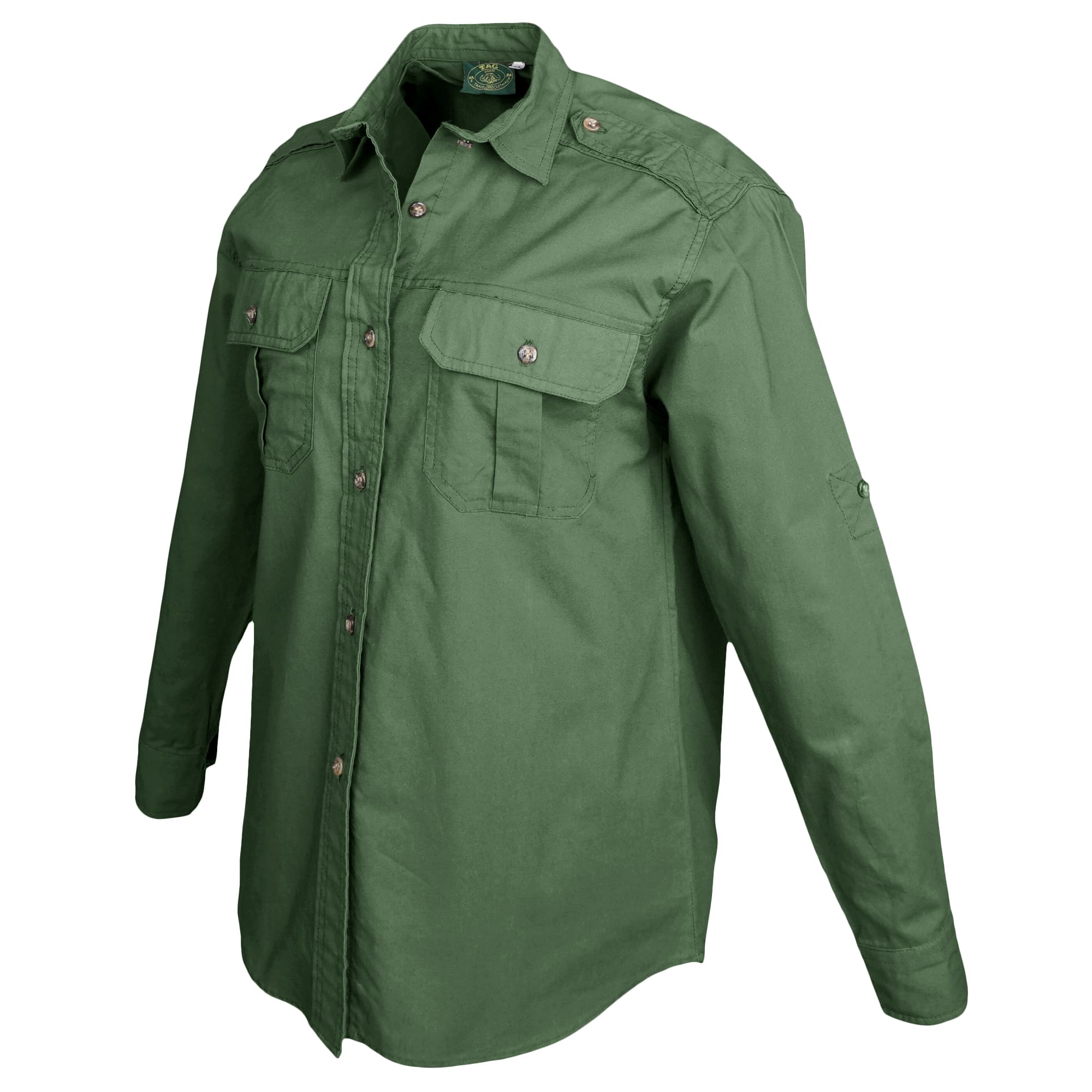 Tag Safari Long-Sleeve Trail Shirt for Women features button-flap chest pockets, functional epaulettes, and roll-up sleeve tabs. Shown in Forest Green.--12