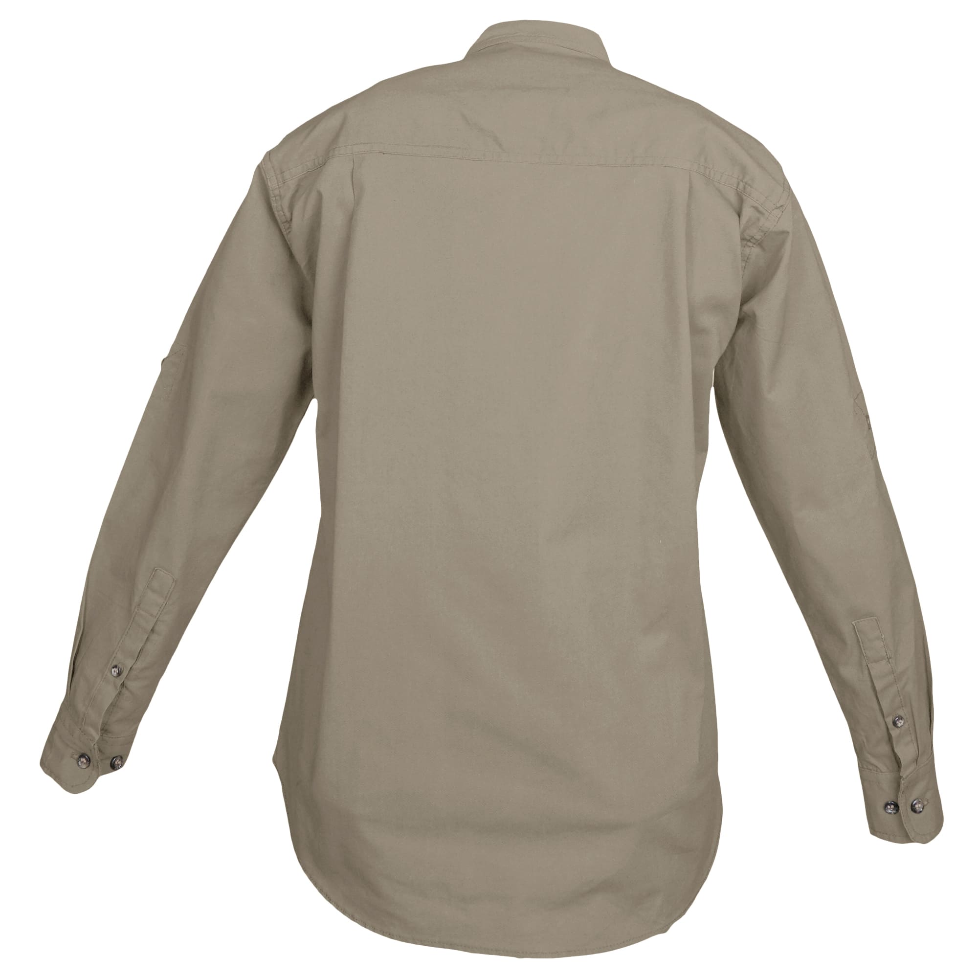 Tag Safari Long-Sleeve Trail Shirt for Women features button-flap chest pockets, functional epaulettes, and roll-up sleeve tabs. Shown in Khaki.--14