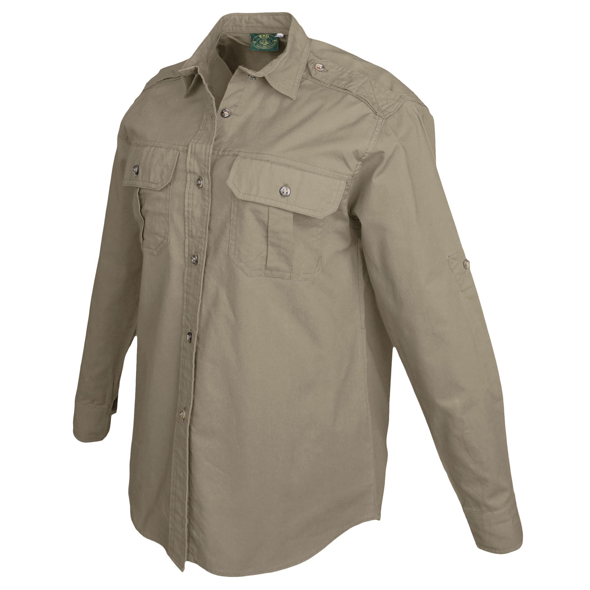 Tag Safari Long-Sleeve Trail Shirt for Women features button-flap chest pockets, functional epaulettes, and roll-up sleeve tabs. Shown in Khaki.--15