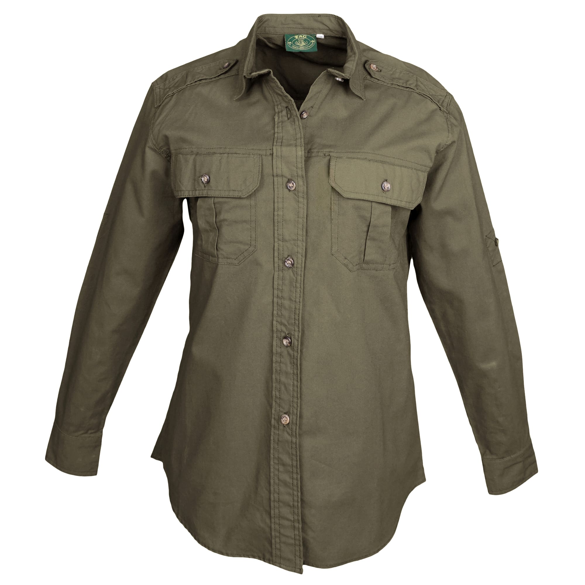 Tag Safari Long-Sleeve Trail Shirt for Women features button-flap chest pockets, functional epaulettes, and roll-up sleeve tabs. Shown in Moss Green.--7