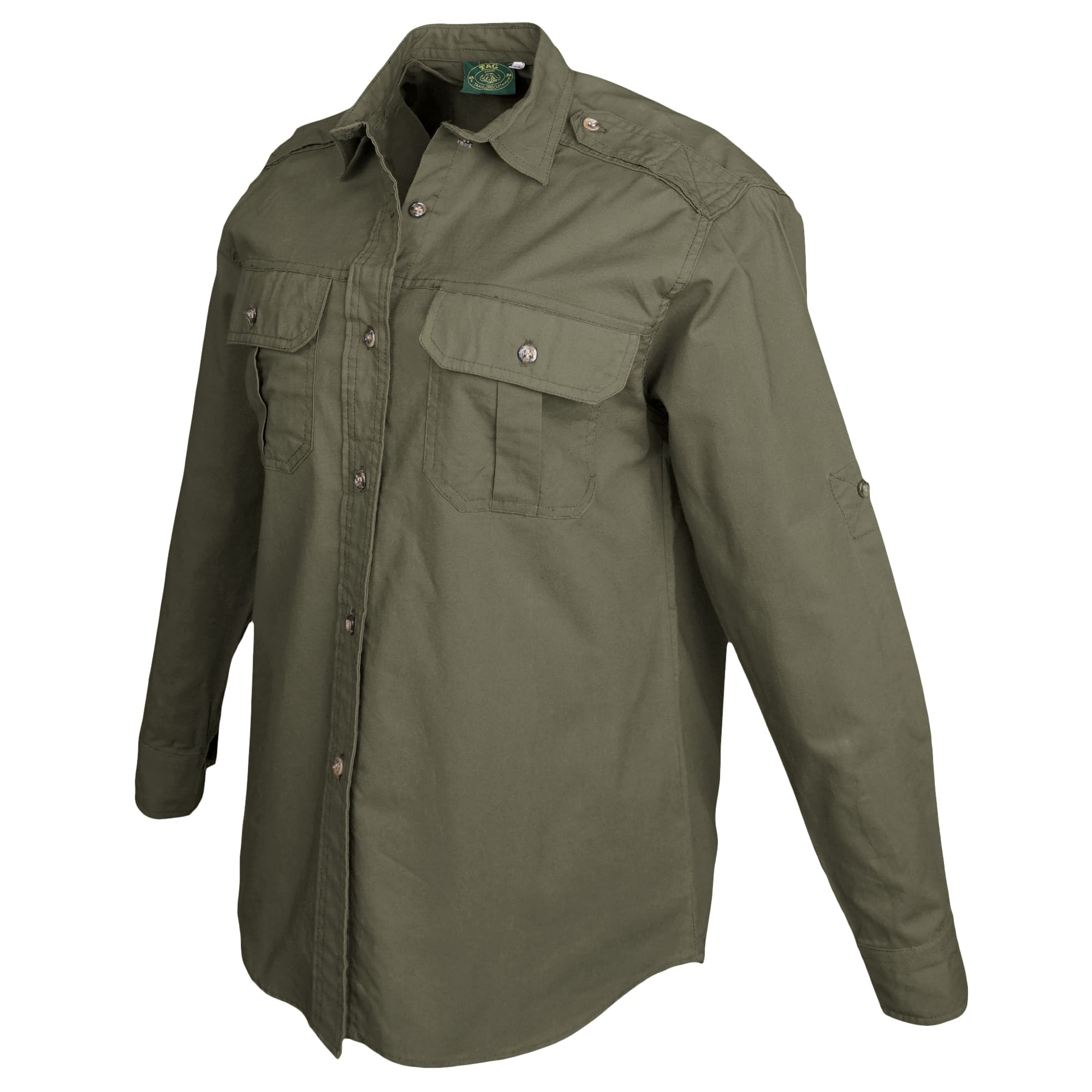 Tag Safari Long-Sleeve Trail Shirt for Women features button-flap chest pockets, functional epaulettes, and roll-up sleeve tabs. Shown in Moss Green.--9