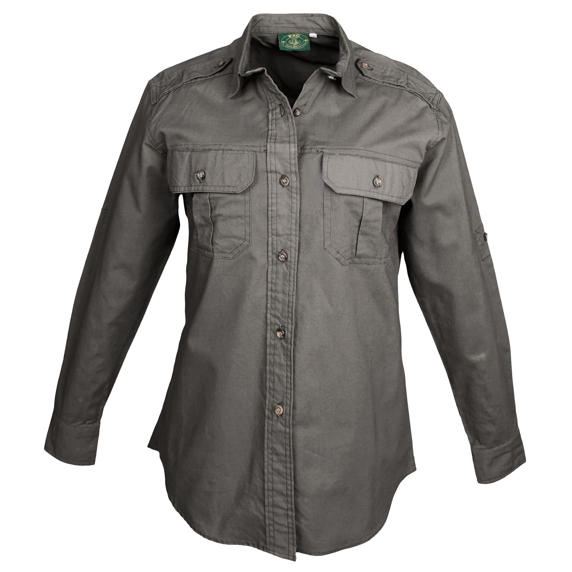 Tag Safari Long-Sleeve Trail Shirt for Women features button-flap chest pockets, functional epaulettes, and roll-up sleeve tabs. Shown in Olive Gray.--4