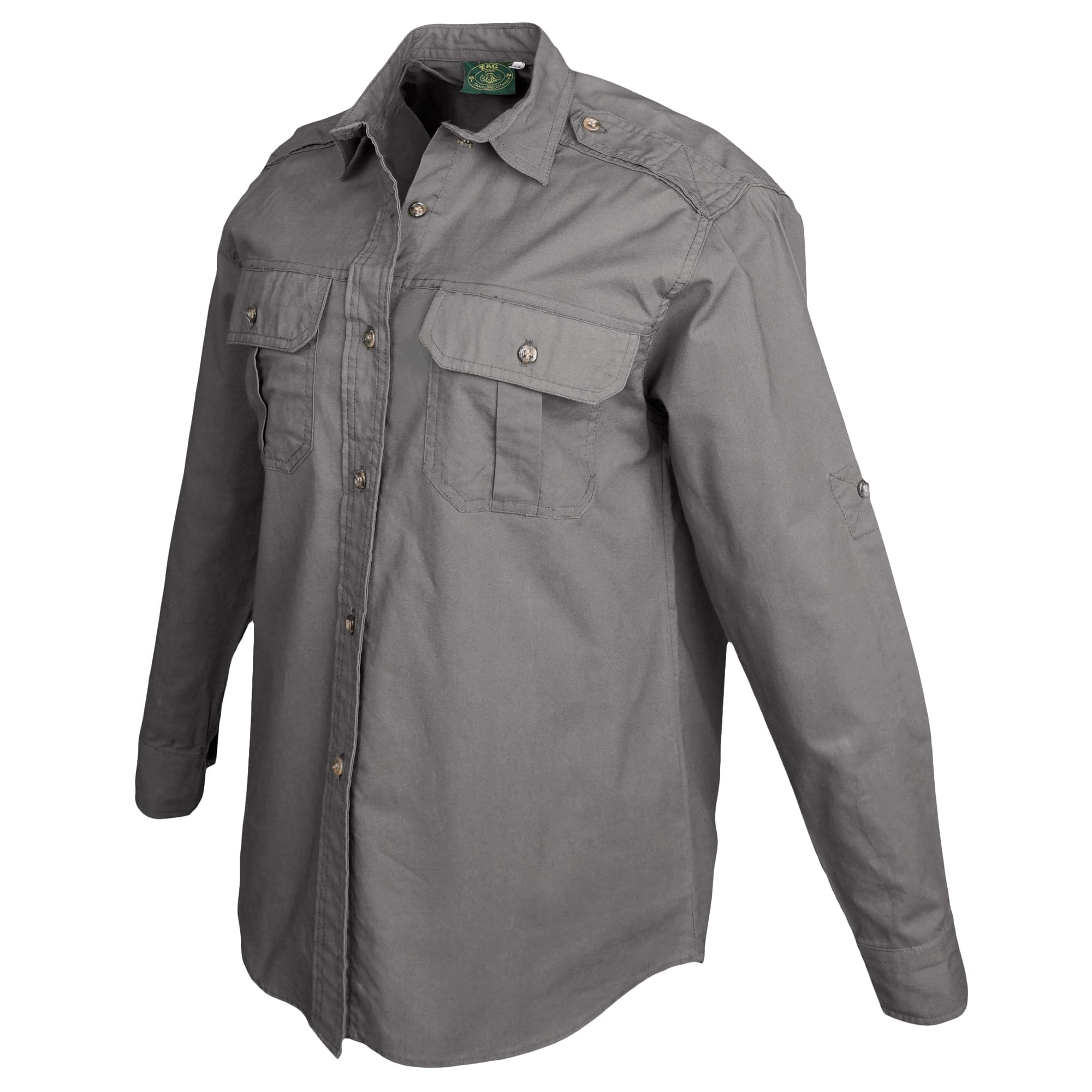 Tag Safari Long-Sleeve Trail Shirt for Women features button-flap chest pockets, functional epaulettes, and roll-up sleeve tabs. Shown in Olive Gray.--6