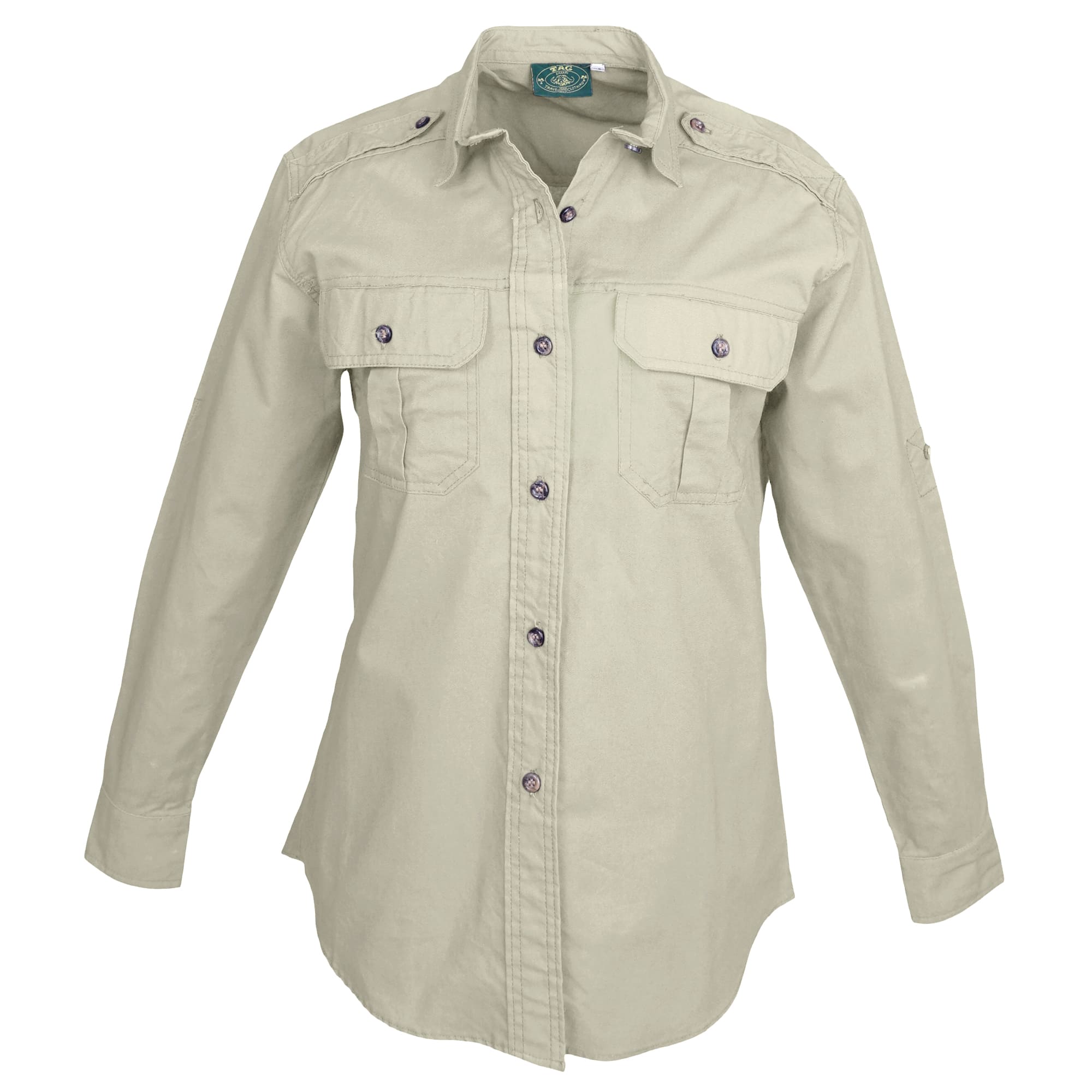 Tag Safari Long-Sleeve Trail Shirt for Women features button-flap chest pockets, functional epaulettes, and roll-up sleeve tabs. Shown in Stone.--1
