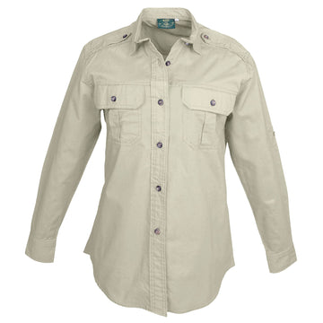 Tag Safari Long-Sleeve Trail Shirt for Women features button-flap chest pockets, functional epaulettes, and roll-up sleeve tabs. Shown in Stone.