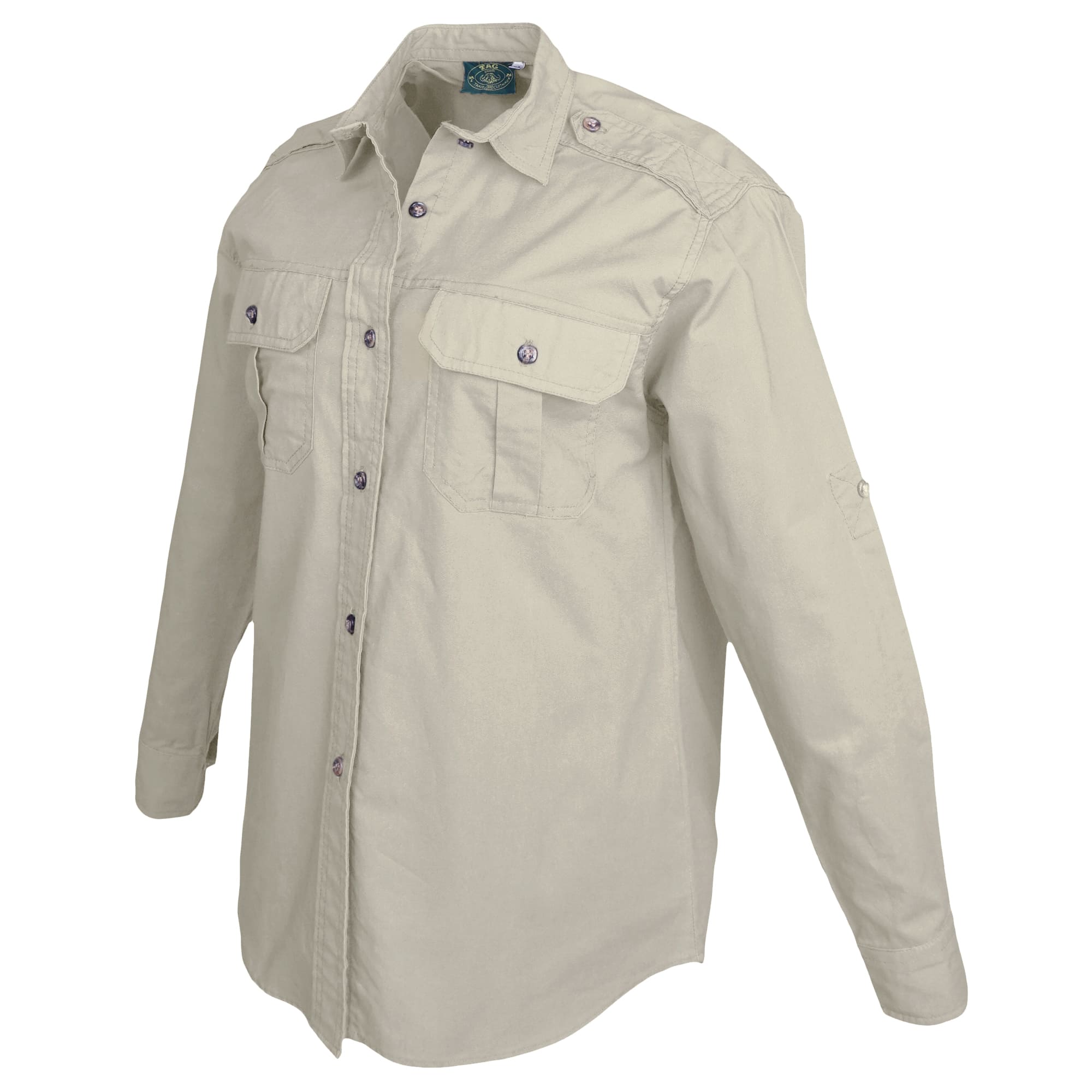 Tag Safari Long-Sleeve Trail Shirt for Women features button-flap chest pockets, functional epaulettes, and roll-up sleeve tabs. Shown in Stone.--3