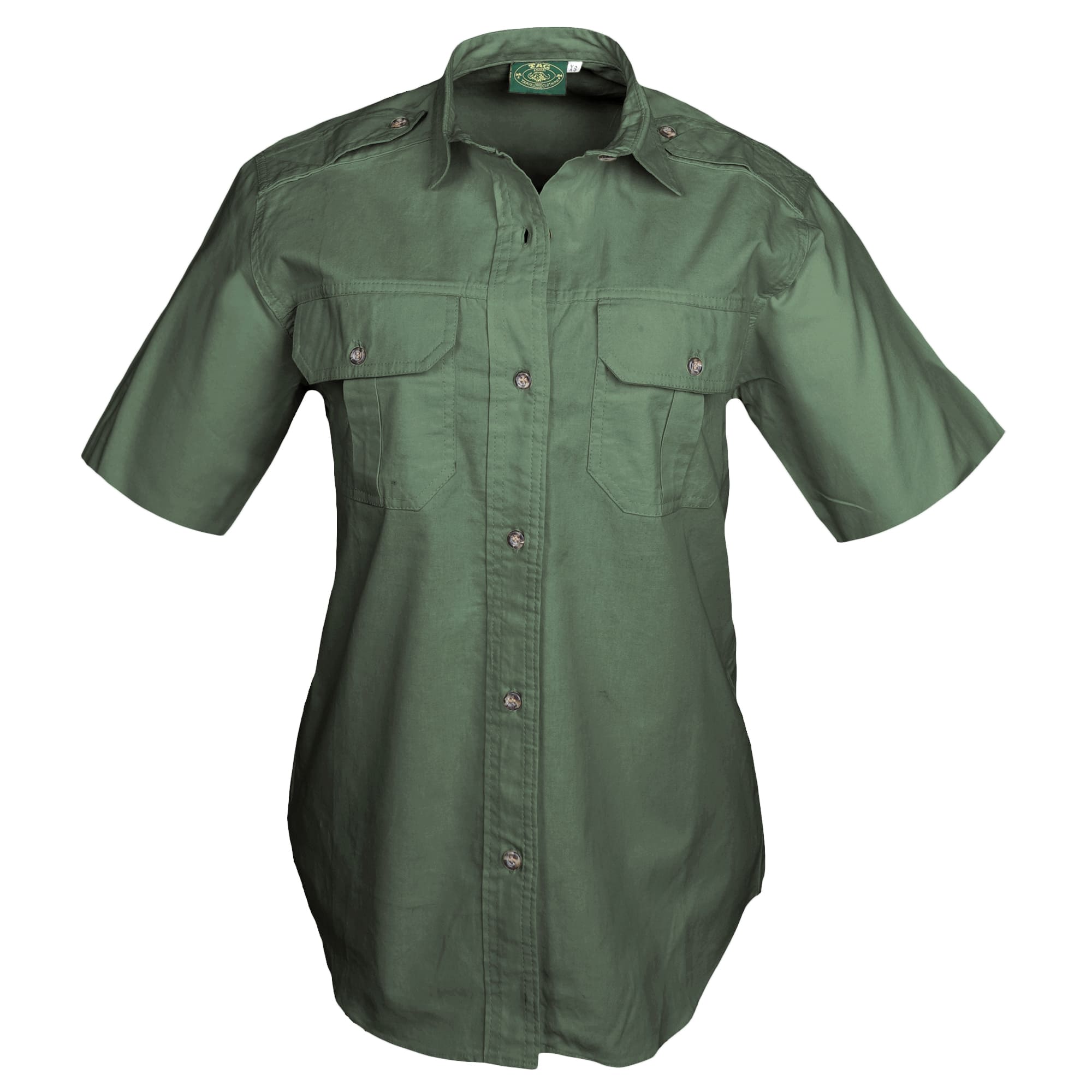 Tag Safari Short-Sleeve Trail Shirt for Women features button-flap chest pockets, functional epaulettes, and durable double stitching. Shown in Forest Green.--14