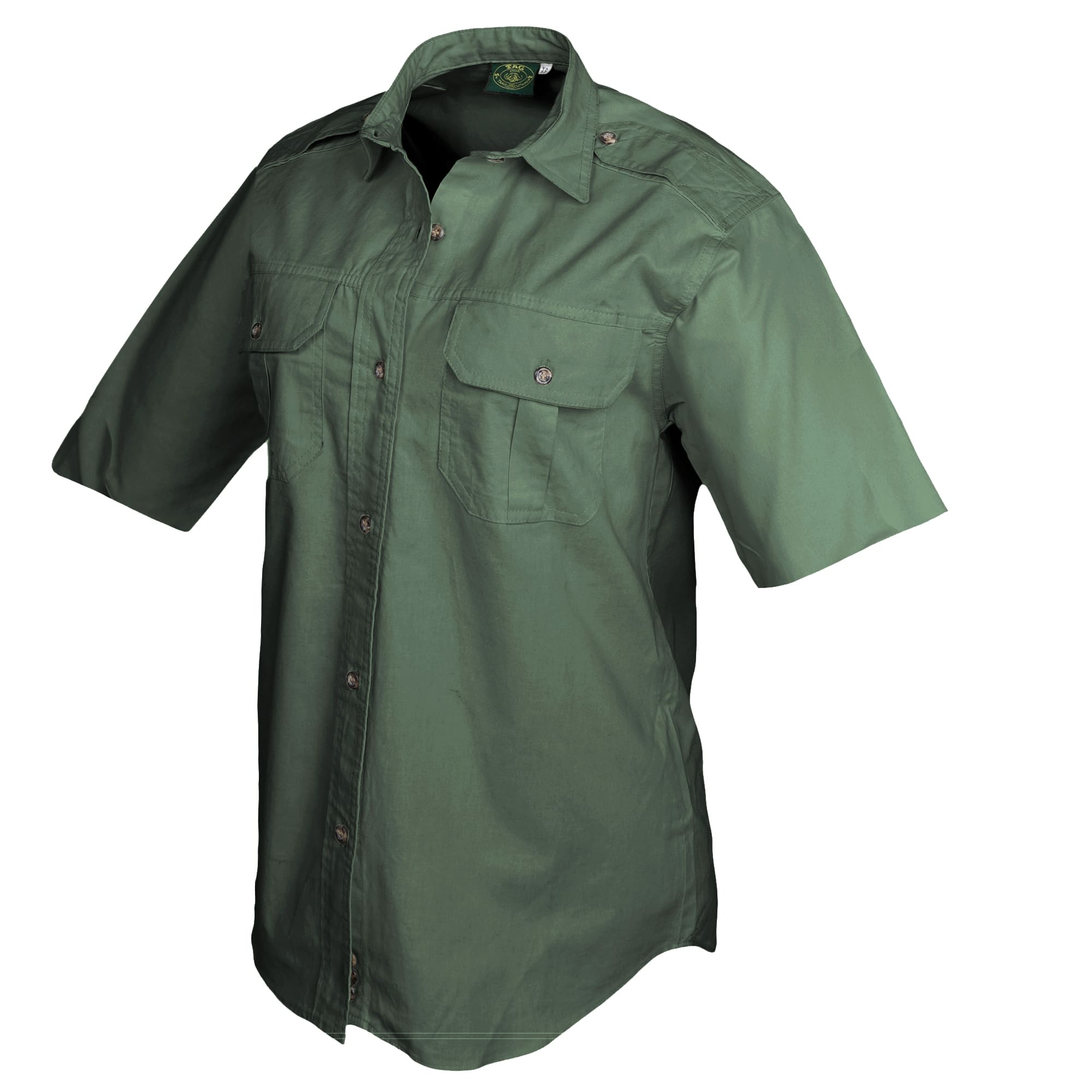 Tag Safari Short-Sleeve Trail Shirt for Women features button-flap chest pockets, functional epaulettes, and durable double stitching. Shown in Forest Green.--16