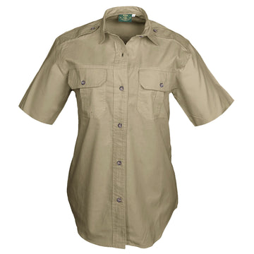 Tag Safari Short-Sleeve Trail Shirt for Women features button-flap chest pockets, functional epaulettes, and durable double stitching. Shown in Khaki.
