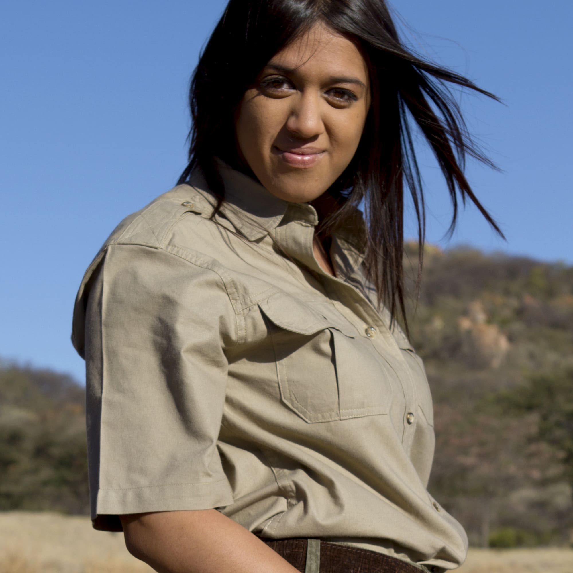 Tag Safari Short-Sleeve Trail Shirt for Women features button-flap chest pockets, functional epaulettes, and durable double stitching. Shown in Khaki.--4