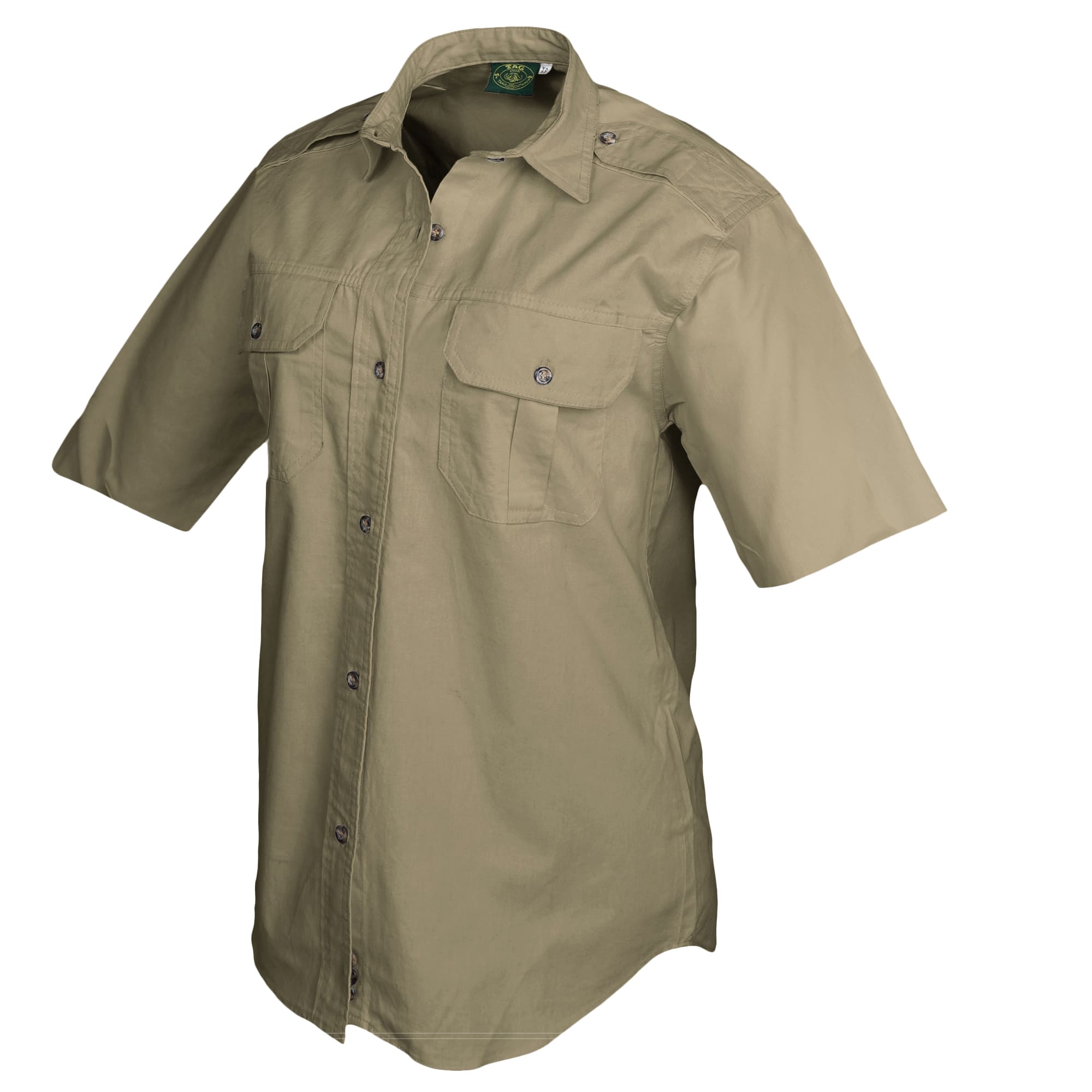 Tag Safari Short-Sleeve Trail Shirt for Women features button-flap chest pockets, functional epaulettes, and durable double stitching. Shown in Khaki.--3