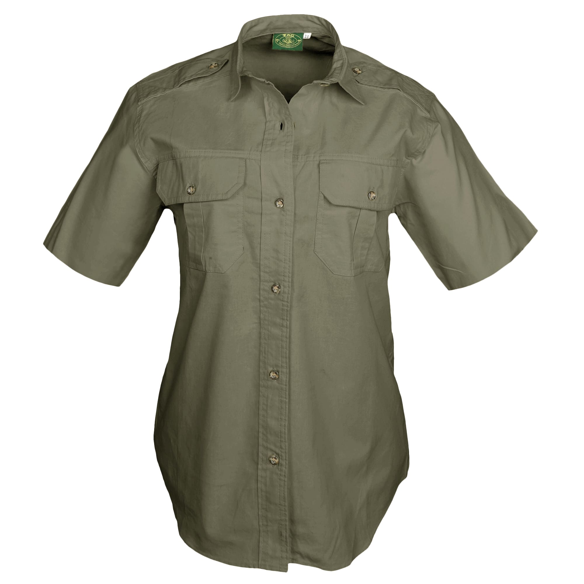 Tag Safari Short-Sleeve Trail Shirt for Women features button-flap chest pockets, functional epaulettes, and durable double stitching. Shown in Moss Green.--11