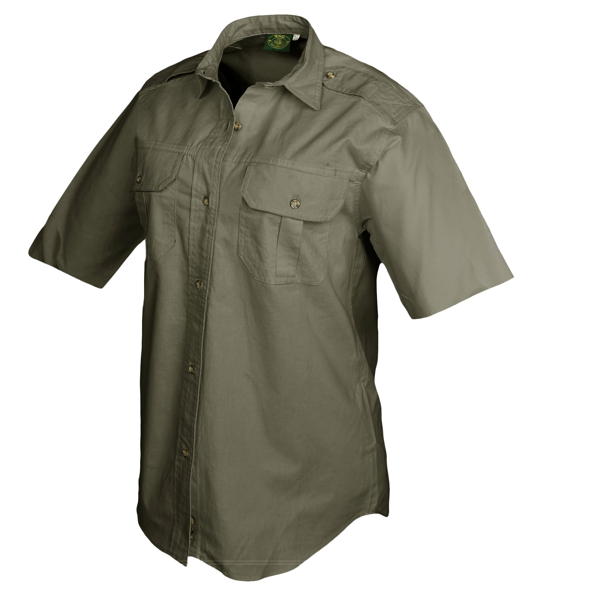 Tag Safari Short-Sleeve Trail Shirt for Women features button-flap chest pockets, functional epaulettes, and durable double stitching. Shown in Moss Green.--13