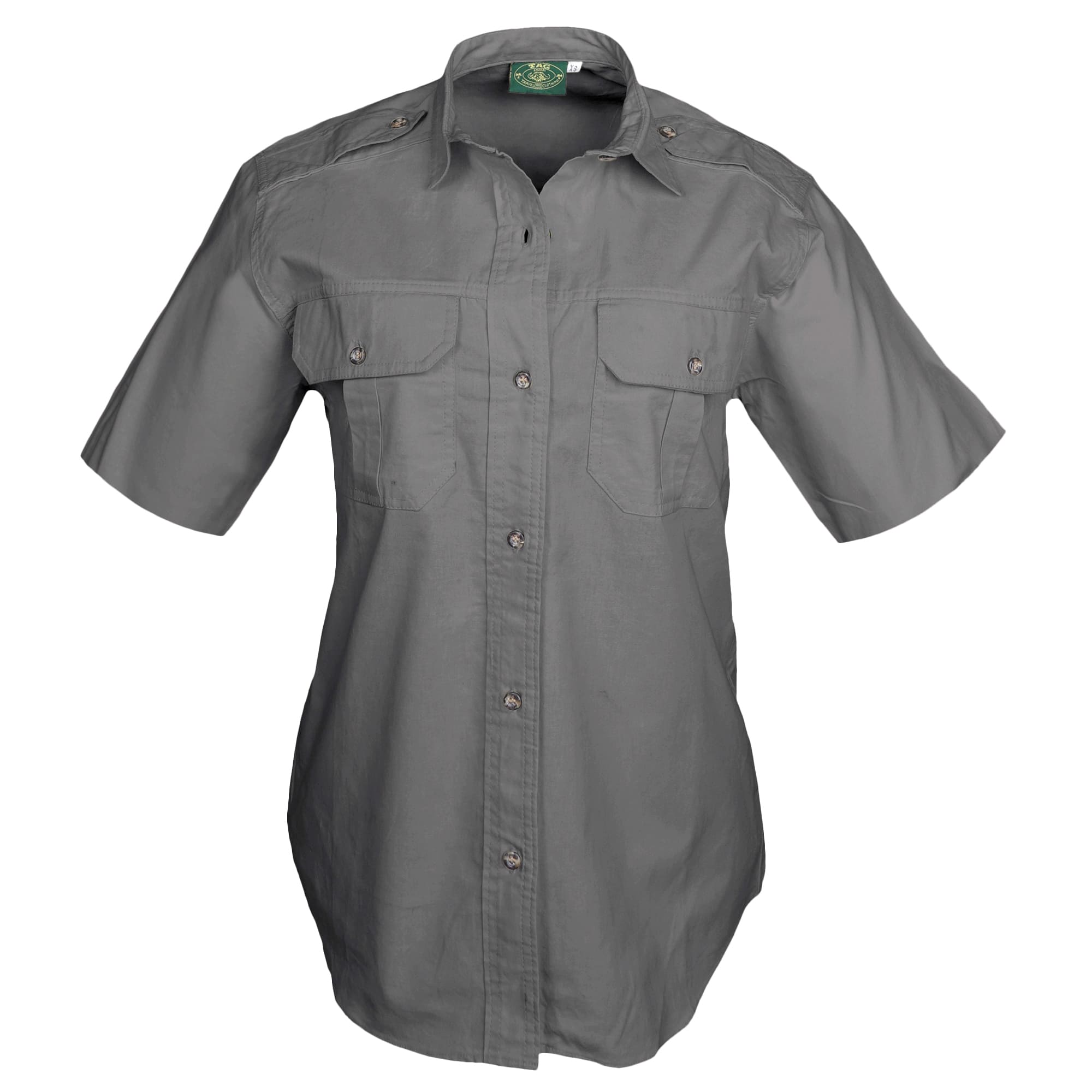 Tag Safari Short-Sleeve Trail Shirt for Women features button-flap chest pockets, functional epaulettes, and durable double stitching. Shown in Olive Gray.--8