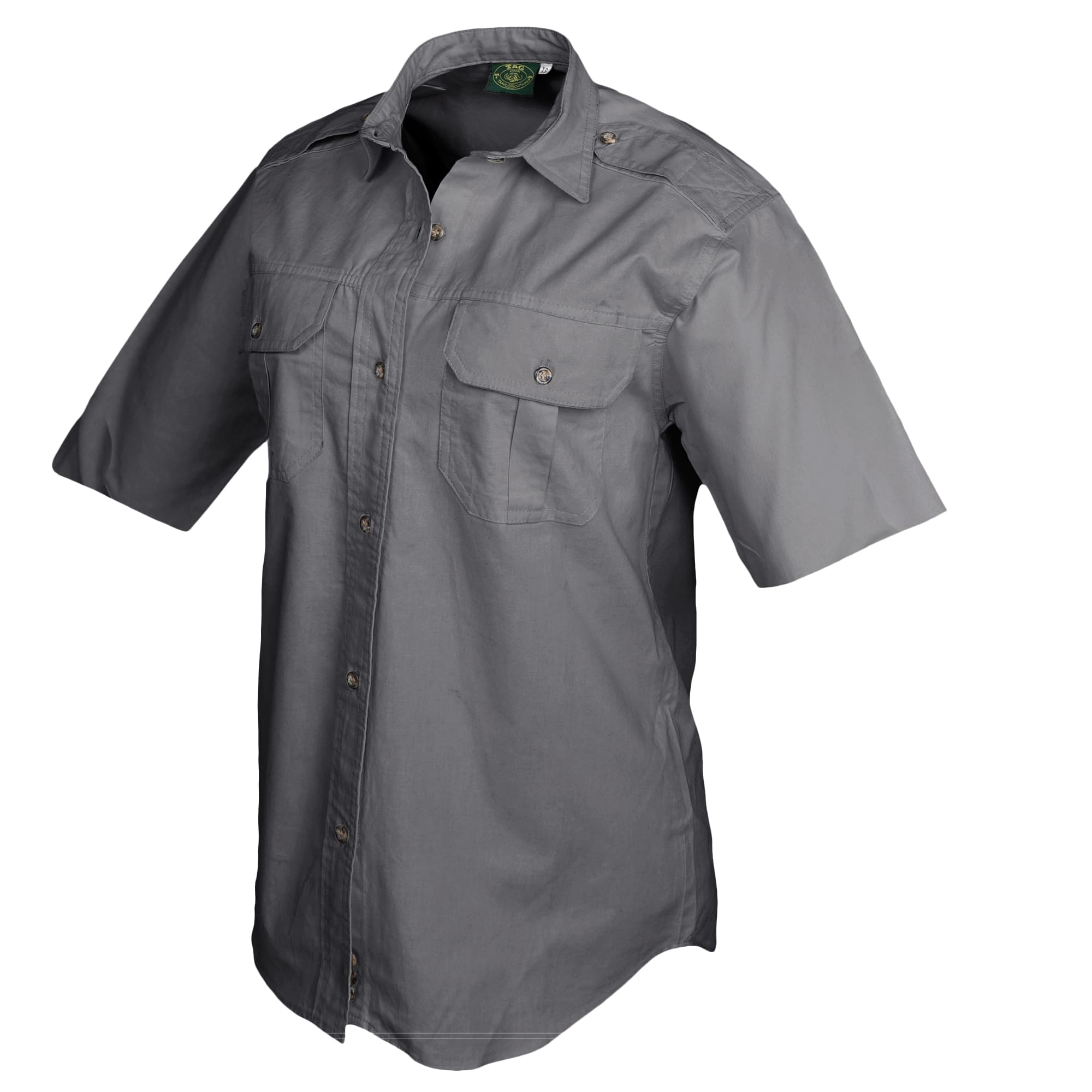 Tag Safari Short-Sleeve Trail Shirt for Women features button-flap chest pockets, functional epaulettes, and durable double stitching. Shown in Olive Gray.--10