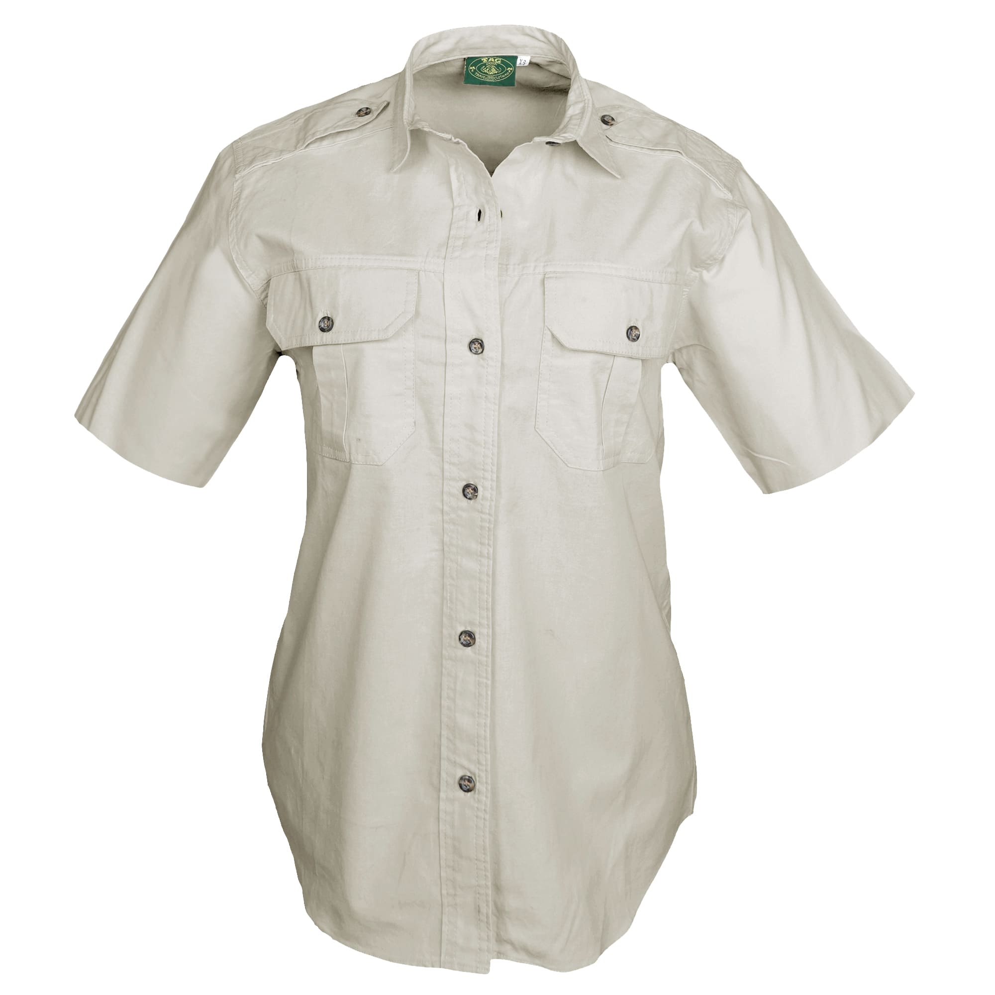 Tag Safari Short-Sleeve Trail Shirt for Women features button-flap chest pockets, functional epaulettes, and durable double stitching. Shown in Stone.--5