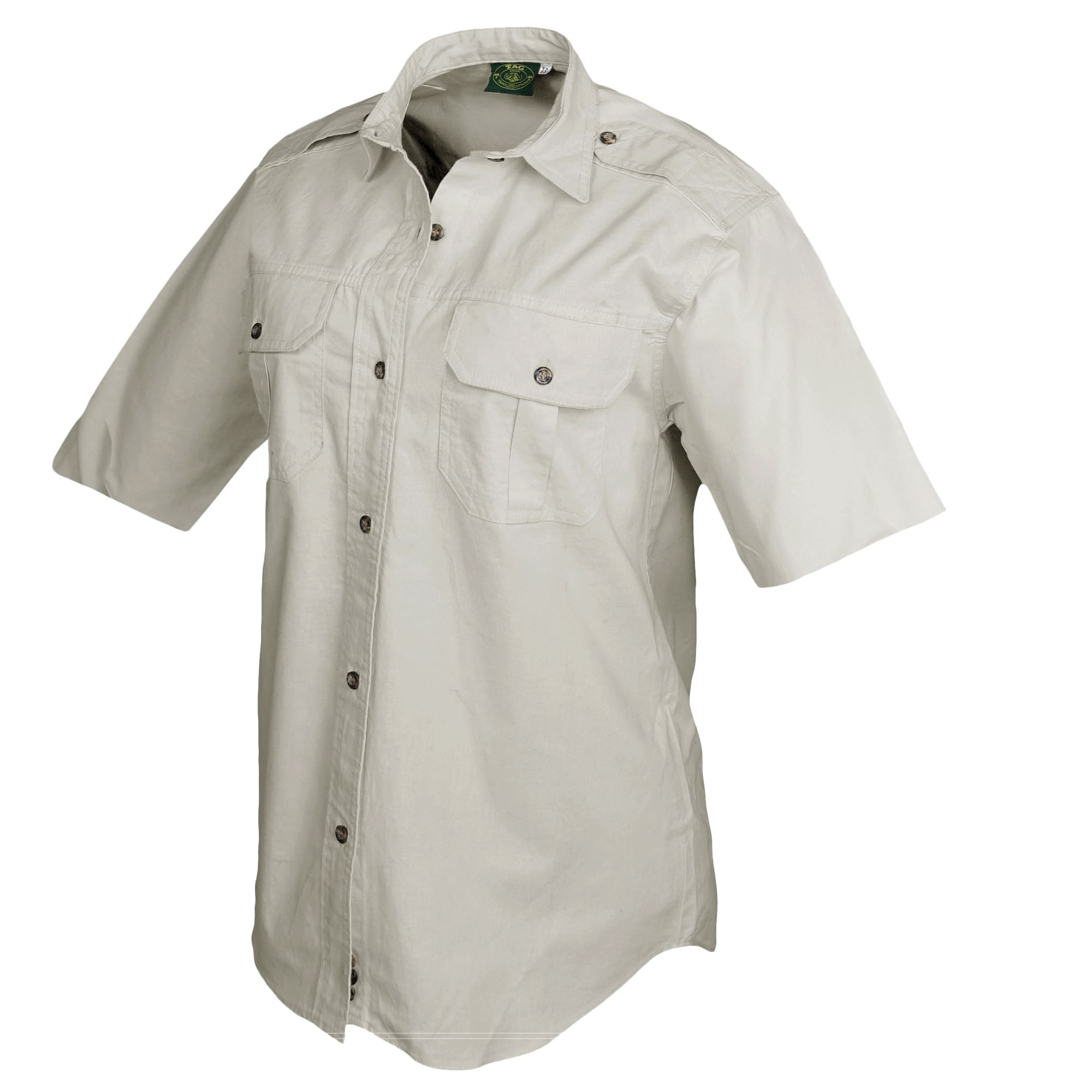 Tag Safari Short-Sleeve Trail Shirt for Women features button-flap chest pockets, functional epaulettes, and durable double stitching. Shown in Stone.--7