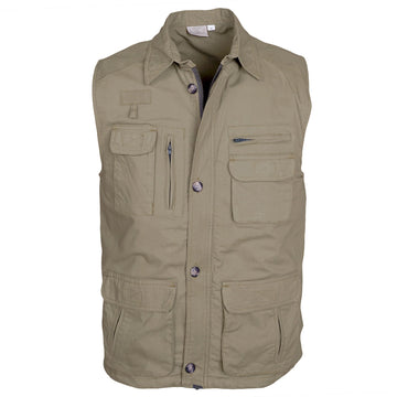Tag Safari Travel Vest for Men features a full fabric inside liner, flap-covered chest and waist pockets, hand warmers, zippered inside security pockets, and a zippered and buttoned front closure. Shown in Khaki.