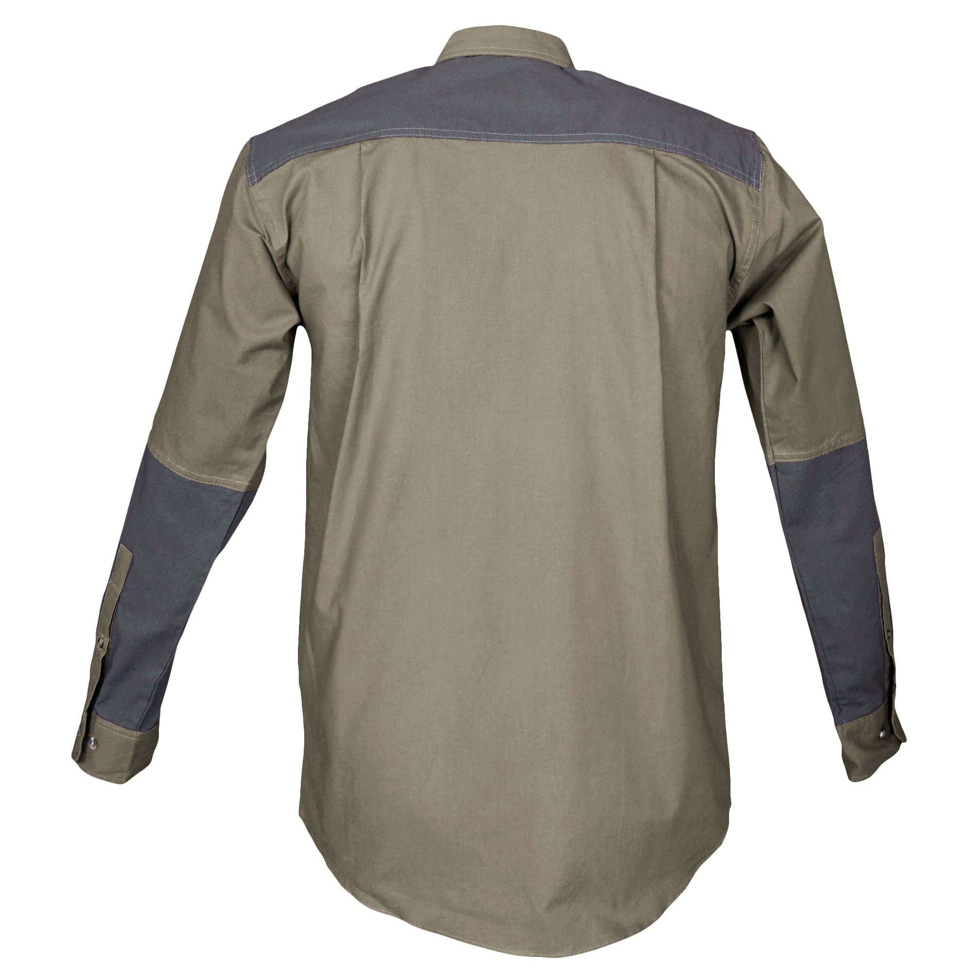 Tag Safari Long-Sleeve Upland Shirt for Men features contrasted shooting pad, yoke, and forearms, a button-flap chest pocket, and roll-up sleeve tabs. Shown in Khaki/Olive Gray.--6