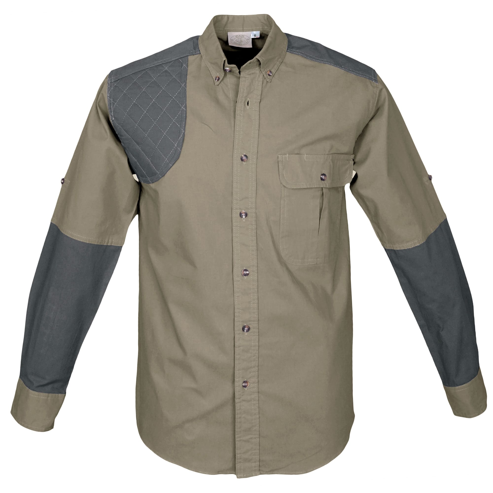 Tag Safari Long-Sleeve Upland Shirt for Men features contrasted shooting pad, yoke, and forearms, a button-flap chest pocket, and roll-up sleeve tabs. Shown in Khaki/Olive Gray.--5