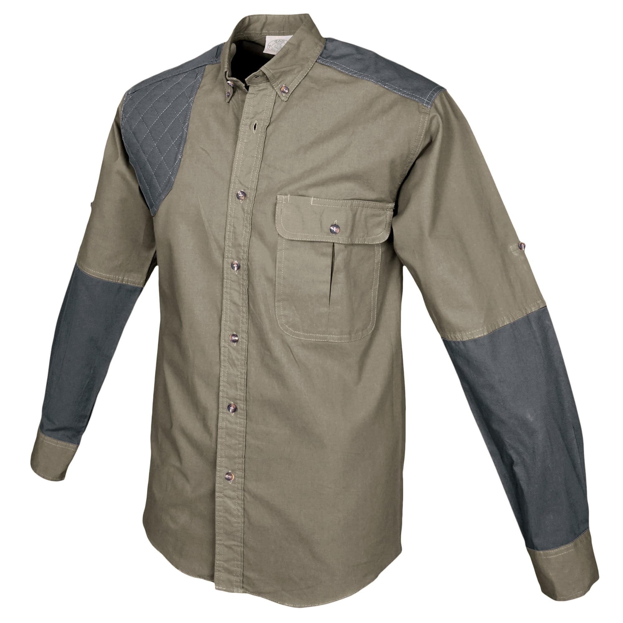 Tag Safari Long-Sleeve Upland Shirt for Men features contrasted shooting pad, yoke, and forearms, a button-flap chest pocket, and roll-up sleeve tabs. Shown in Khaki/Olive Gray.--7