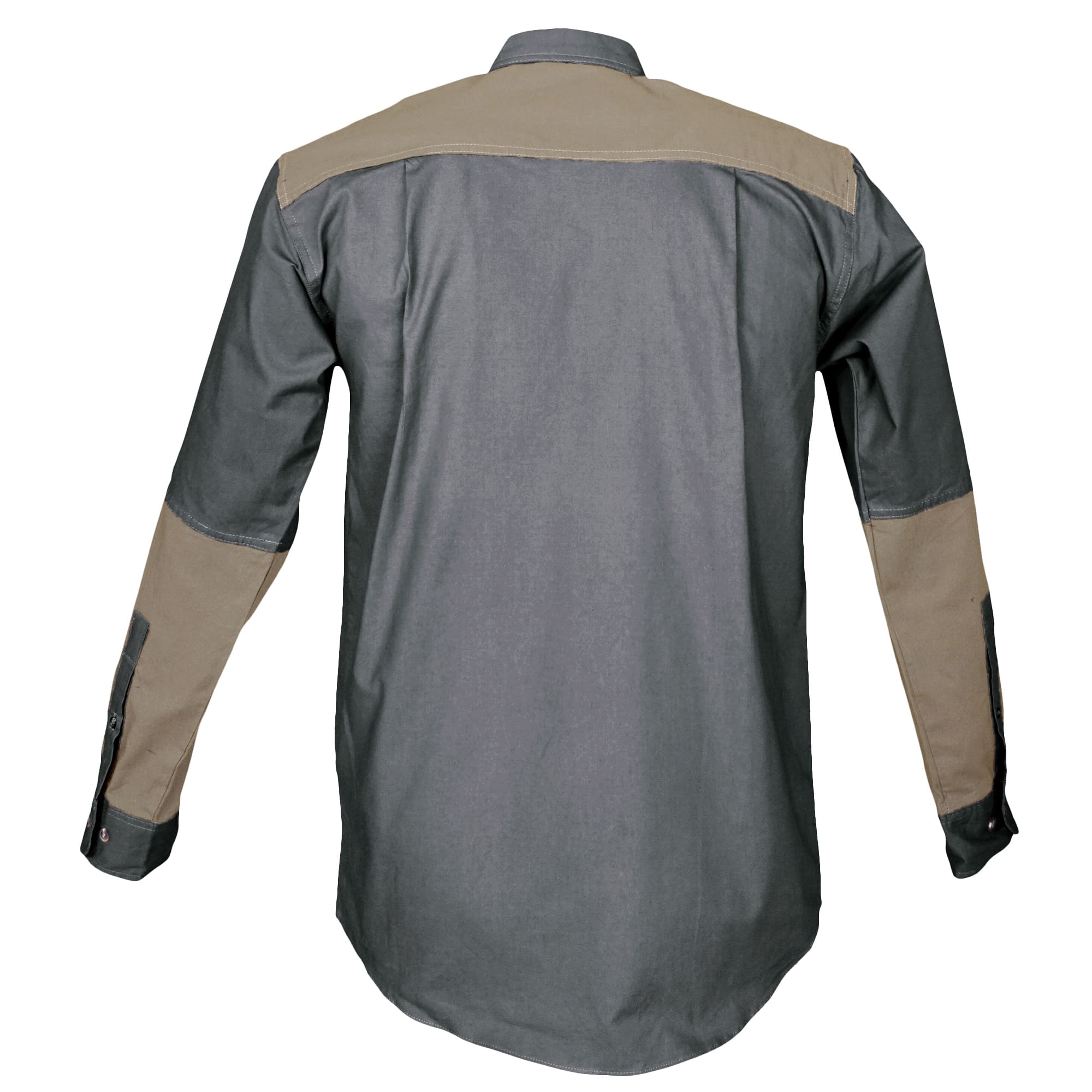 Tag Safari Long-Sleeve Upland Shirt for Men features contrasted shooting pad, yoke, and forearms, a button-flap chest pocket, and roll-up sleeve tabs. Shown in Olive Gray/Khaki.--2