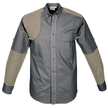Tag Safari Long-Sleeve Upland Shirt for Men features contrasted shooting pad, yoke, and forearms, a button-flap chest pocket, and roll-up sleeve tabs. Shown in Olive Gray/Khaki.