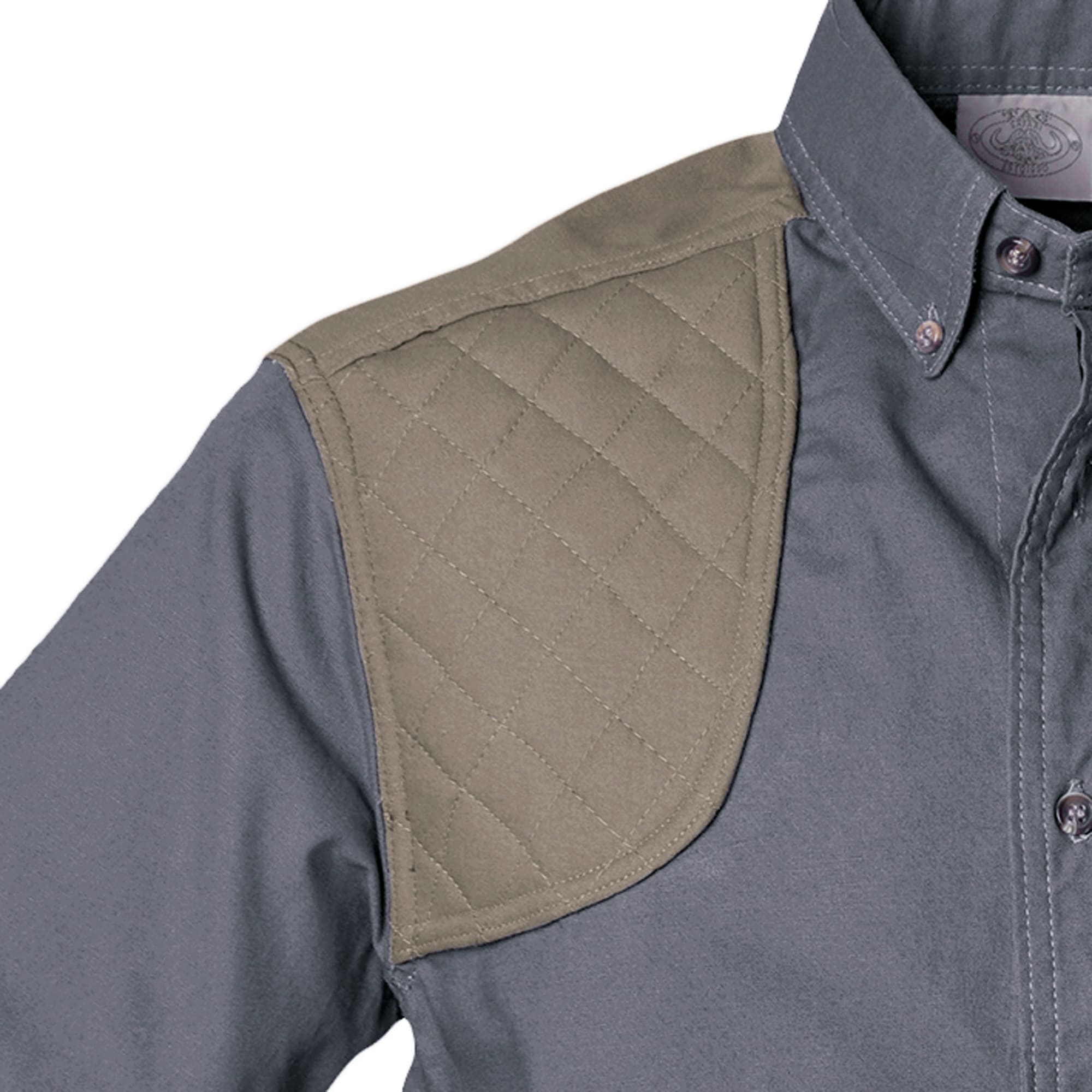 Tag Safari Long-Sleeve Upland Shirt for Men features contrasted shooting pad, yoke, and forearms, a button-flap chest pocket, and roll-up sleeve tabs. Shown in Olive Gray/Khaki.--4