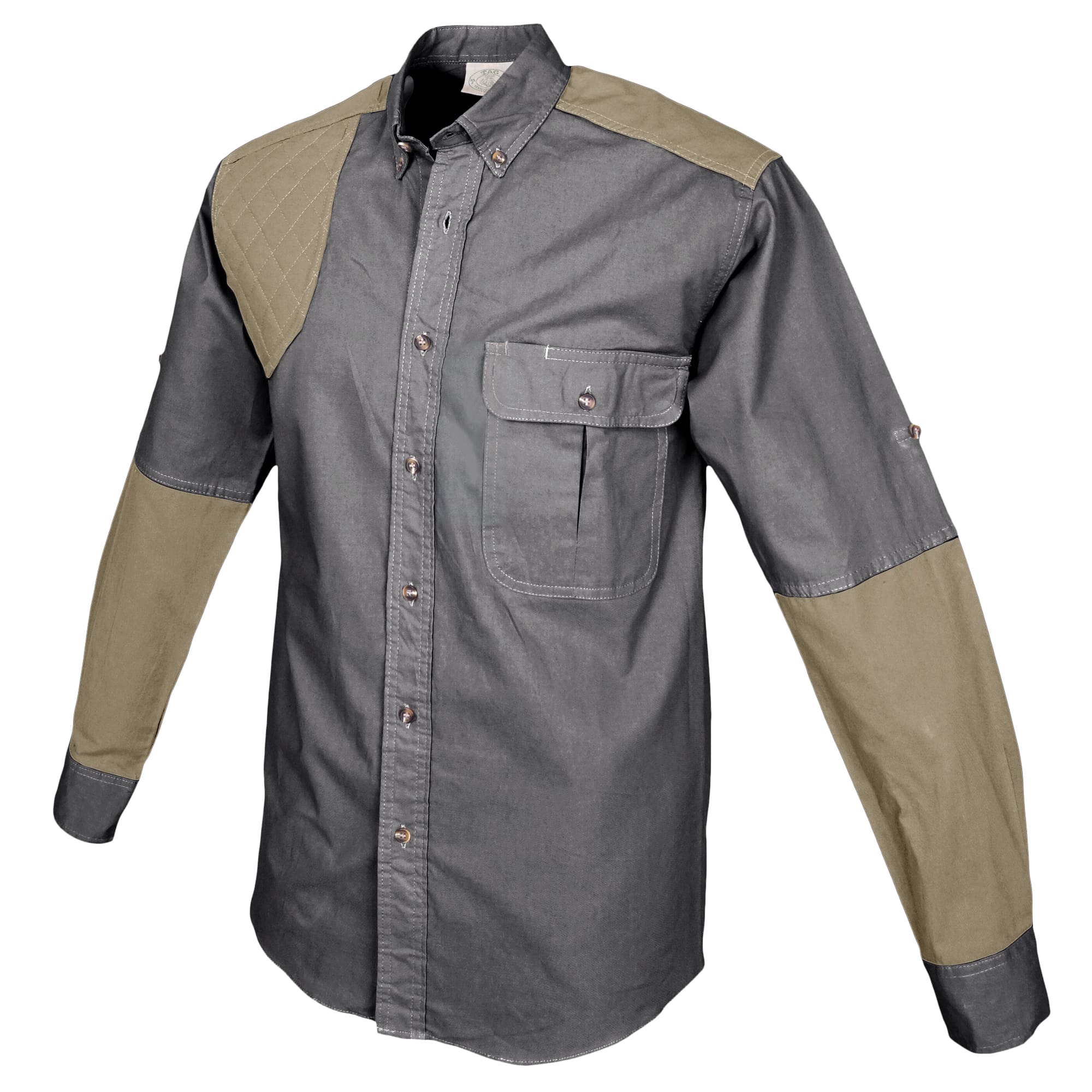 Tag Safari Long-Sleeve Upland Shirt for Men features contrasted shooting pad, yoke, and forearms, a button-flap chest pocket, and roll-up sleeve tabs. Shown in Olive Gray/Khaki.--3