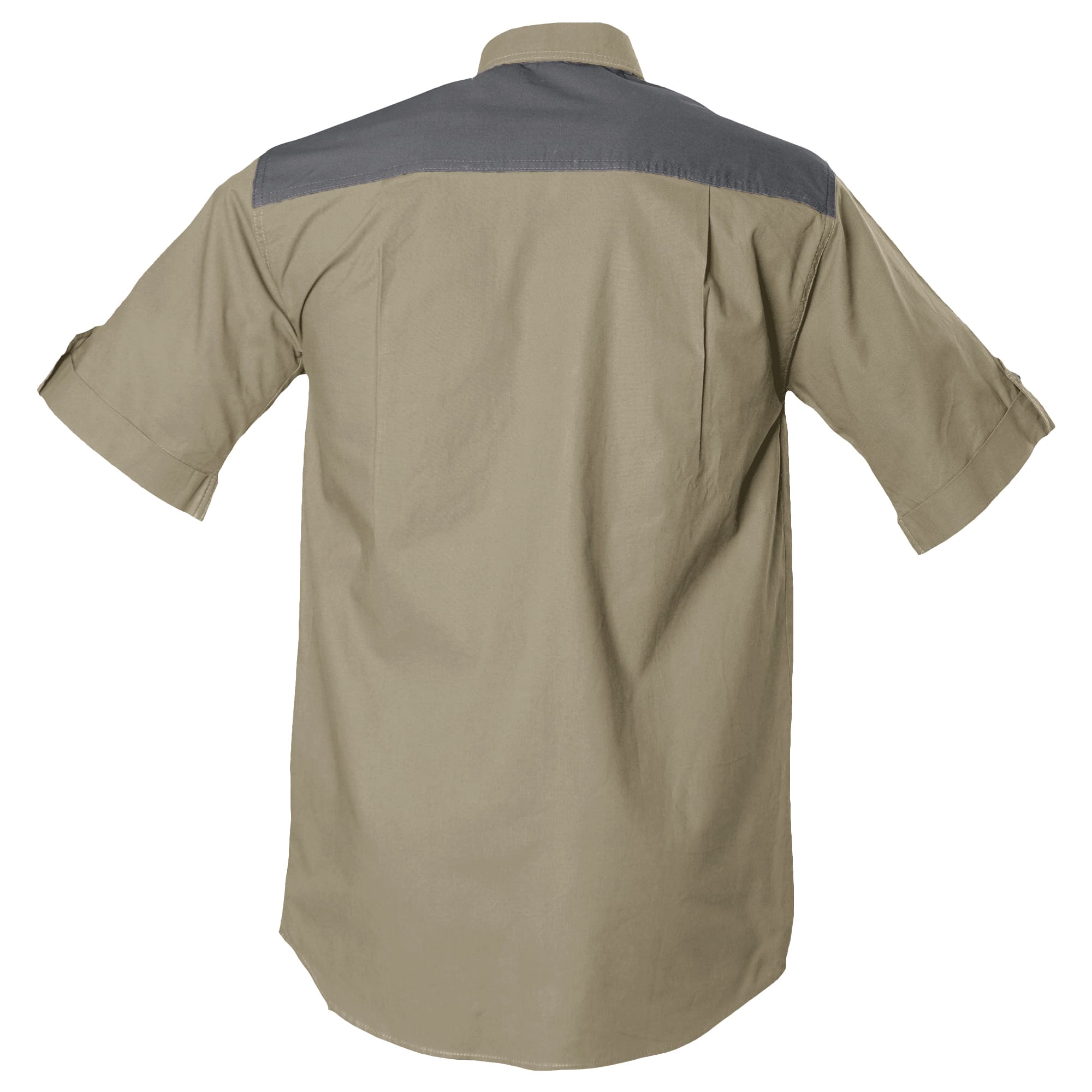Tag Safari Short-Sleeve Upland Shirt for Men features a contrasted shooting pad and yoke, button-flap chest pocket, and durable double-stitching. Shown in Khaki/Olive Gray.--2