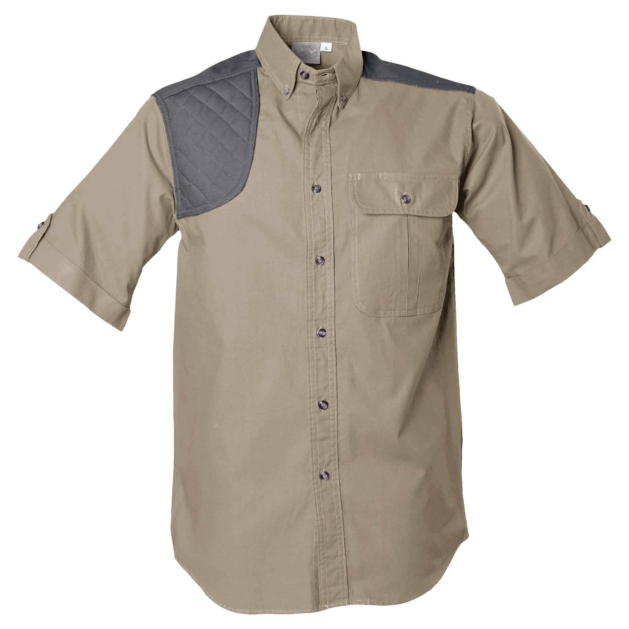 Tag Safari Short-Sleeve Upland Shirt for Men features a contrasted shooting pad and yoke, button-flap chest pocket, and durable double-stitching. Shown in Khaki/Olive Gray.--1