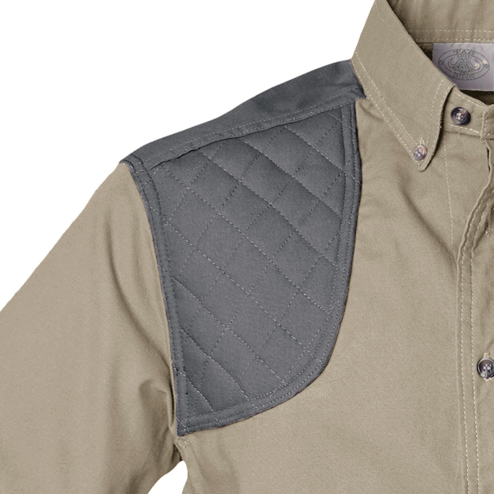 Tag Safari Short-Sleeve Upland Shirt for Men features a contrasted shooting pad and yoke, button-flap chest pocket, and durable double-stitching. Shown in Khaki/Olive Gray.--4