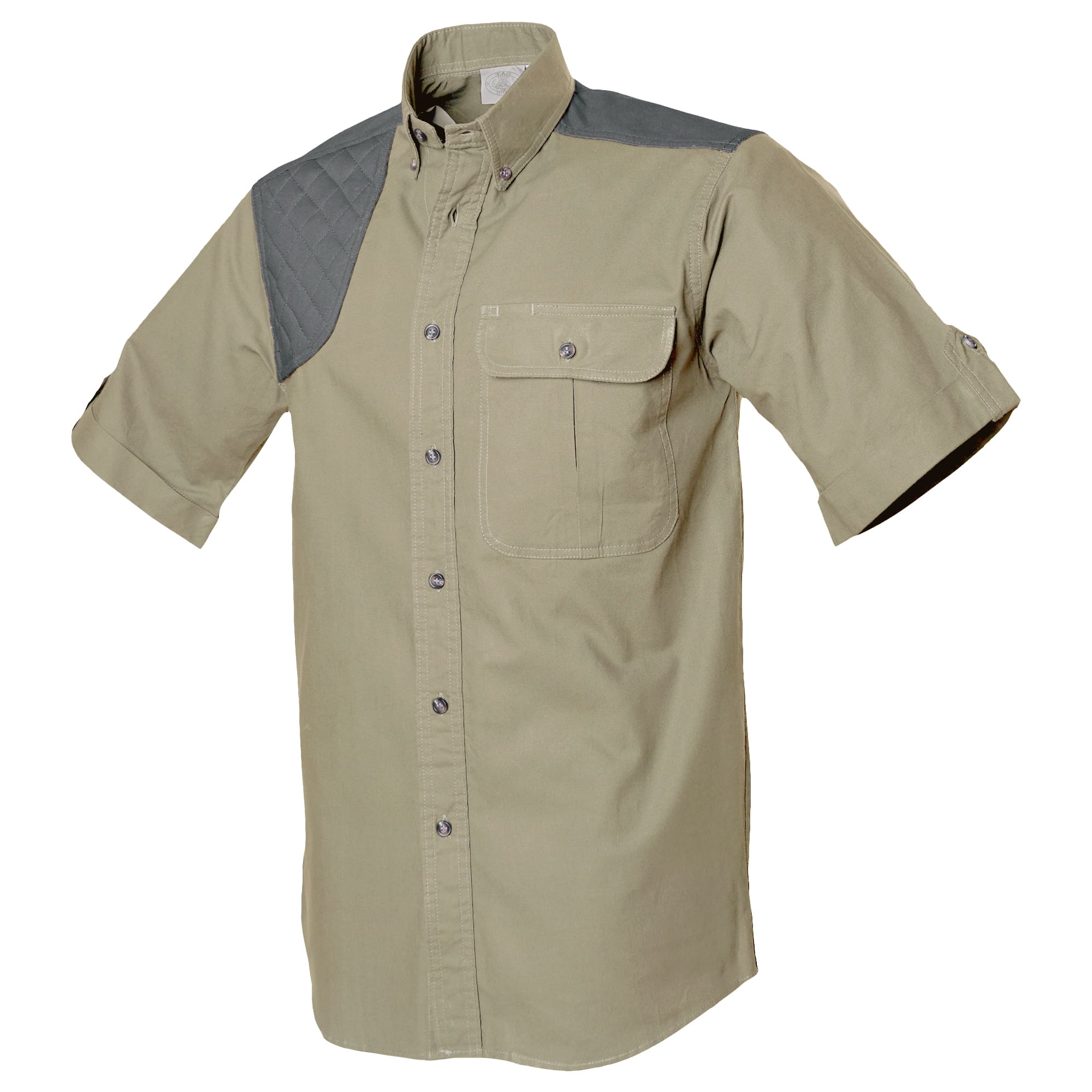 Tag Safari Short-Sleeve Upland Shirt for Men features a contrasted shooting pad and yoke, button-flap chest pocket, and durable double-stitching. Shown in Khaki/Olive Gray.--3
