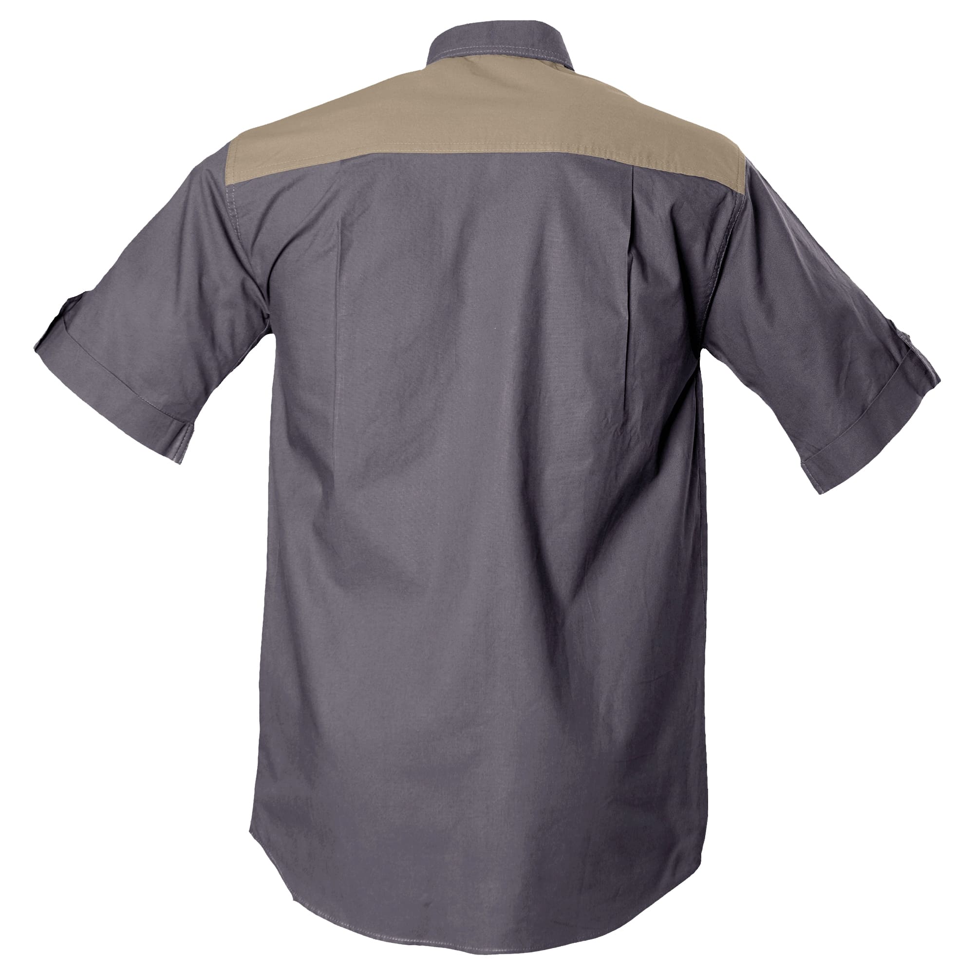 Tag Safari Short-Sleeve Upland Shirt for Men features a contrasted shooting pad and yoke, button-flap chest pocket, and durable double-stitching. Shown in Olive Gray/Khaki.--7