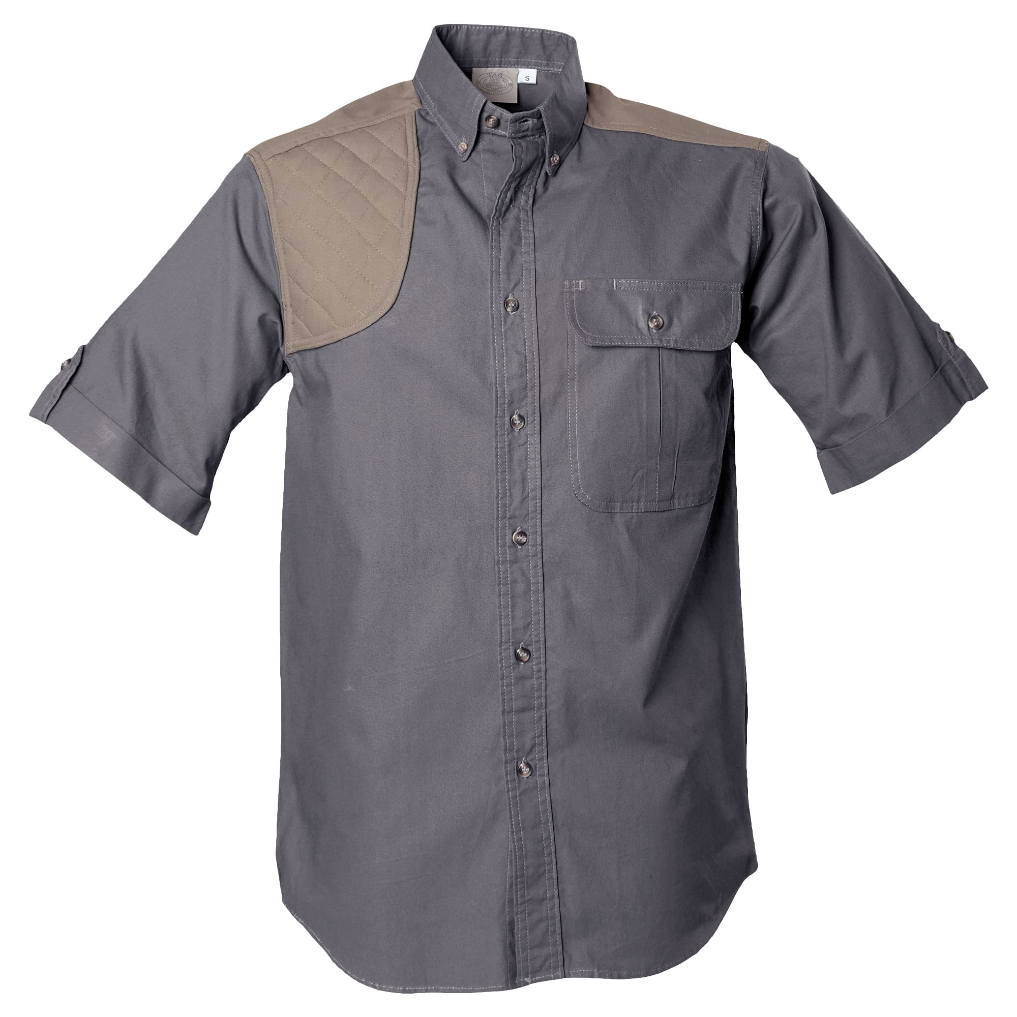 Tag Safari Short-Sleeve Upland Shirt for Men features a contrasted shooting pad and yoke, button-flap chest pocket, and durable double-stitching. Shown in Olive Gray/Khaki.--6