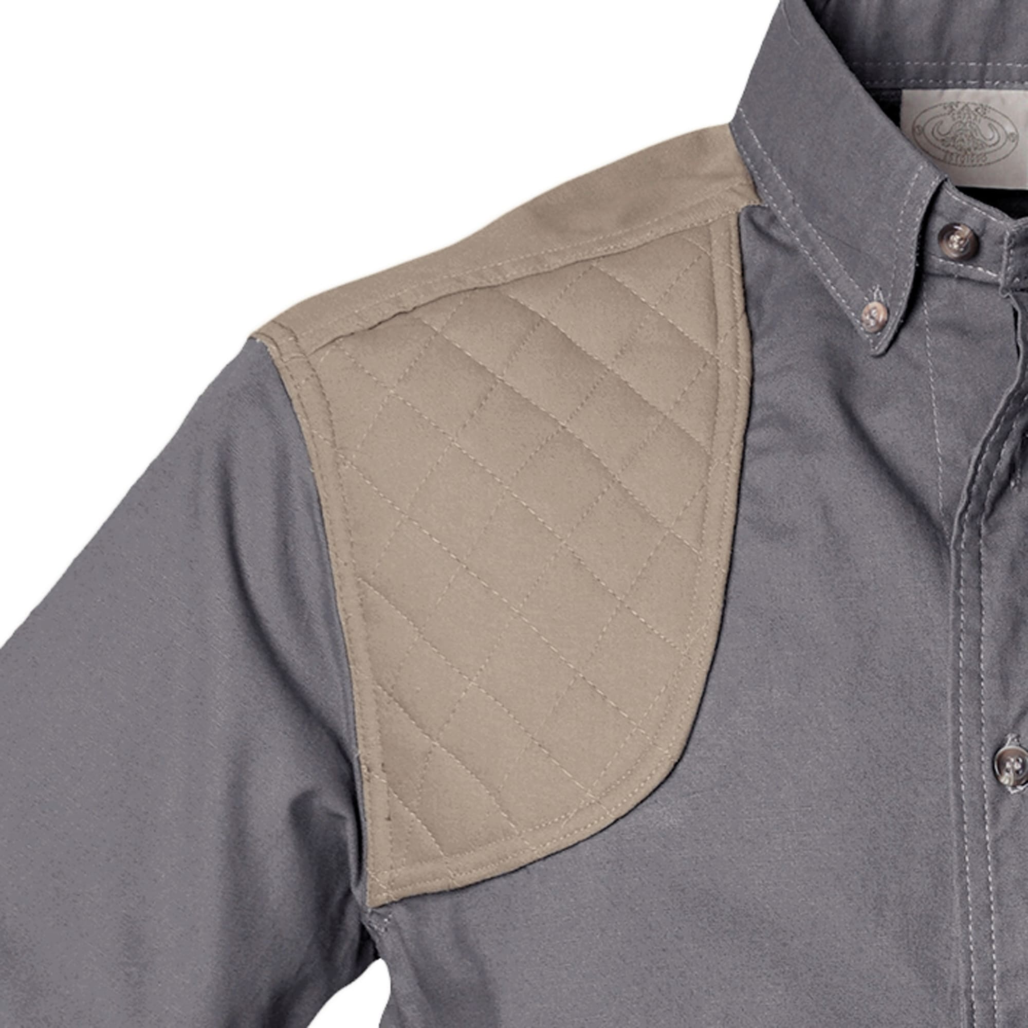 Tag Safari Short-Sleeve Upland Shirt for Men features a contrasted shooting pad and yoke, button-flap chest pocket, and durable double-stitching. Shown in Olive Gray/Khaki.--9