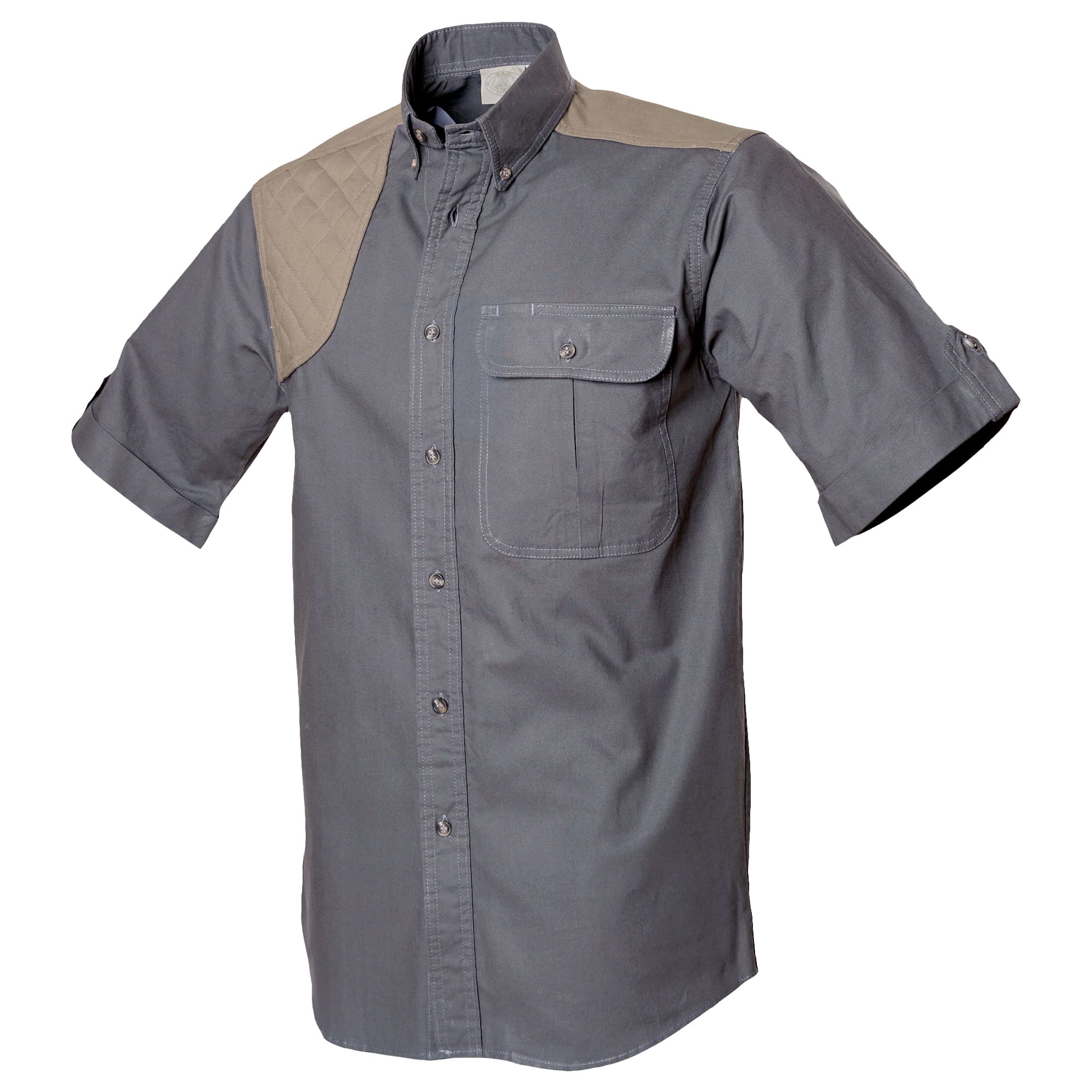 Tag Safari Short-Sleeve Upland Shirt for Men features a contrasted shooting pad and yoke, button-flap chest pocket, and durable double-stitching. Shown in Olive Gray/Khaki.--8