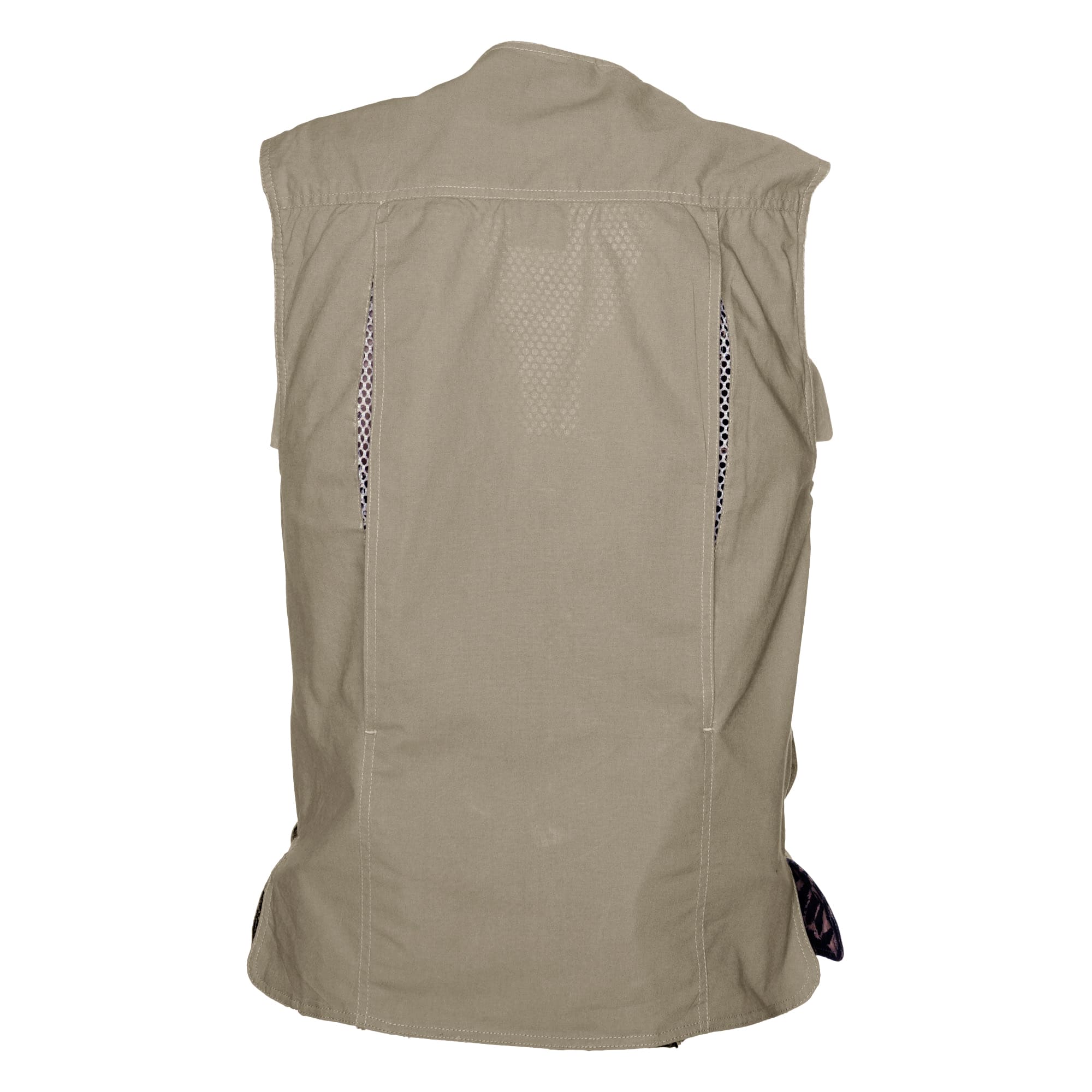 Back view of a Tag Safari Livingstone Vest for Men in Khaki. Shows a vented back and mesh liner.--2