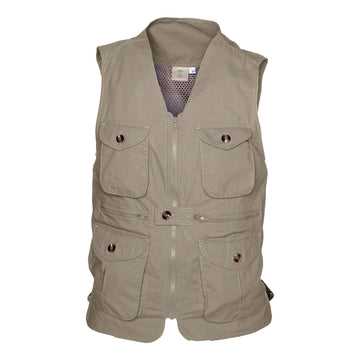 Tag Safari Livingstone Vest for Men features a vented back, mesh liner, flap-covered chest and waist pockets, zippered inside security pockets, and full zippered front closure. Shown in Khaki.