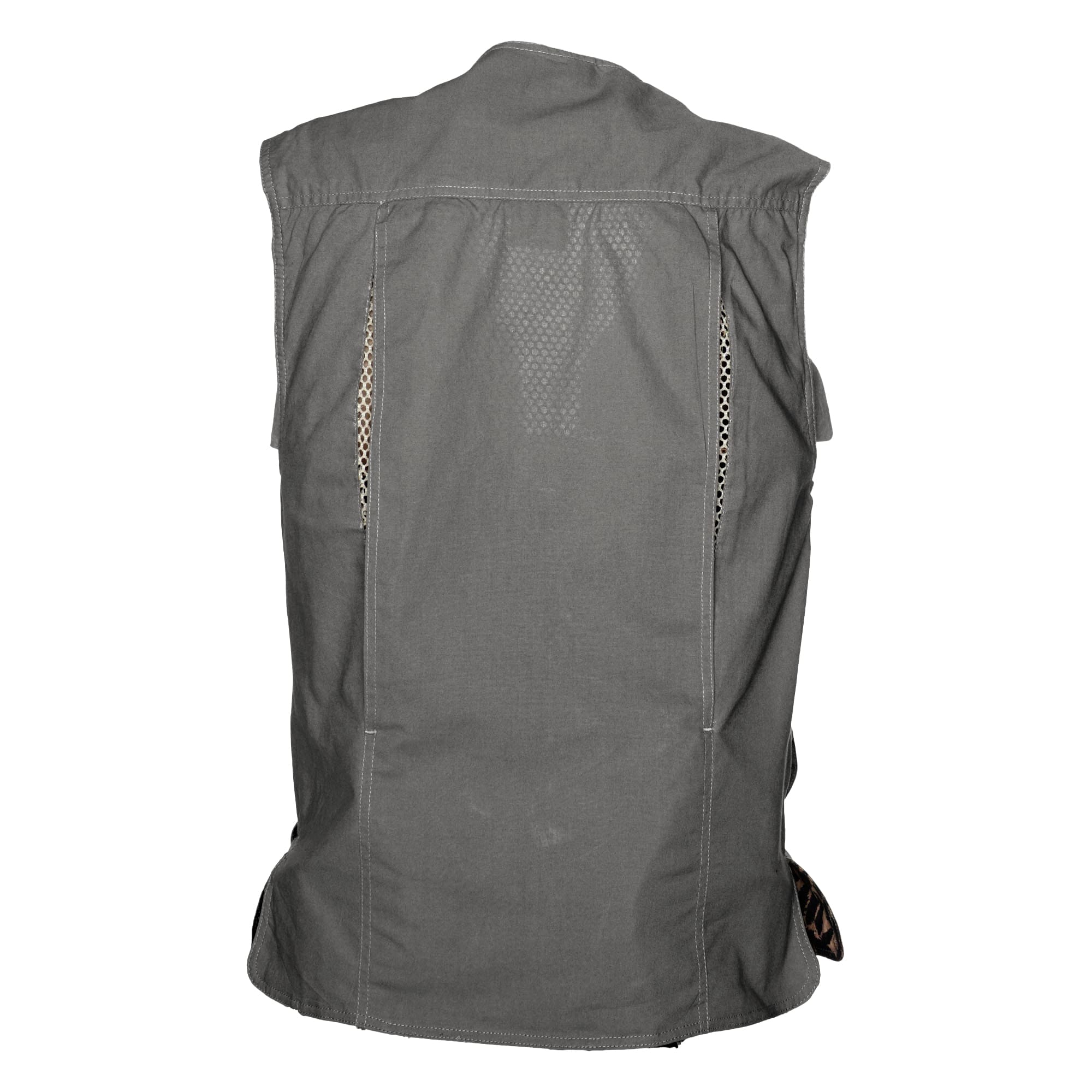 Tag Safari Livingstone Vest for Men features a vented back, mesh liner, flap-covered chest and waist pockets, zippered inside security pockets, and full zippered front closure. Shown in Olive Gray.--2