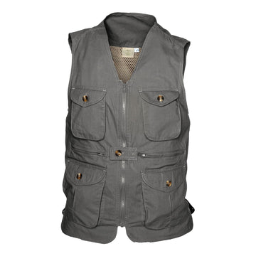 Tag Safari Livingstone Vest for Men features a vented back, mesh liner, flap-covered chest and waist pockets, zippered inside security pockets, and full zippered front closure. Shown in Olive Gray.