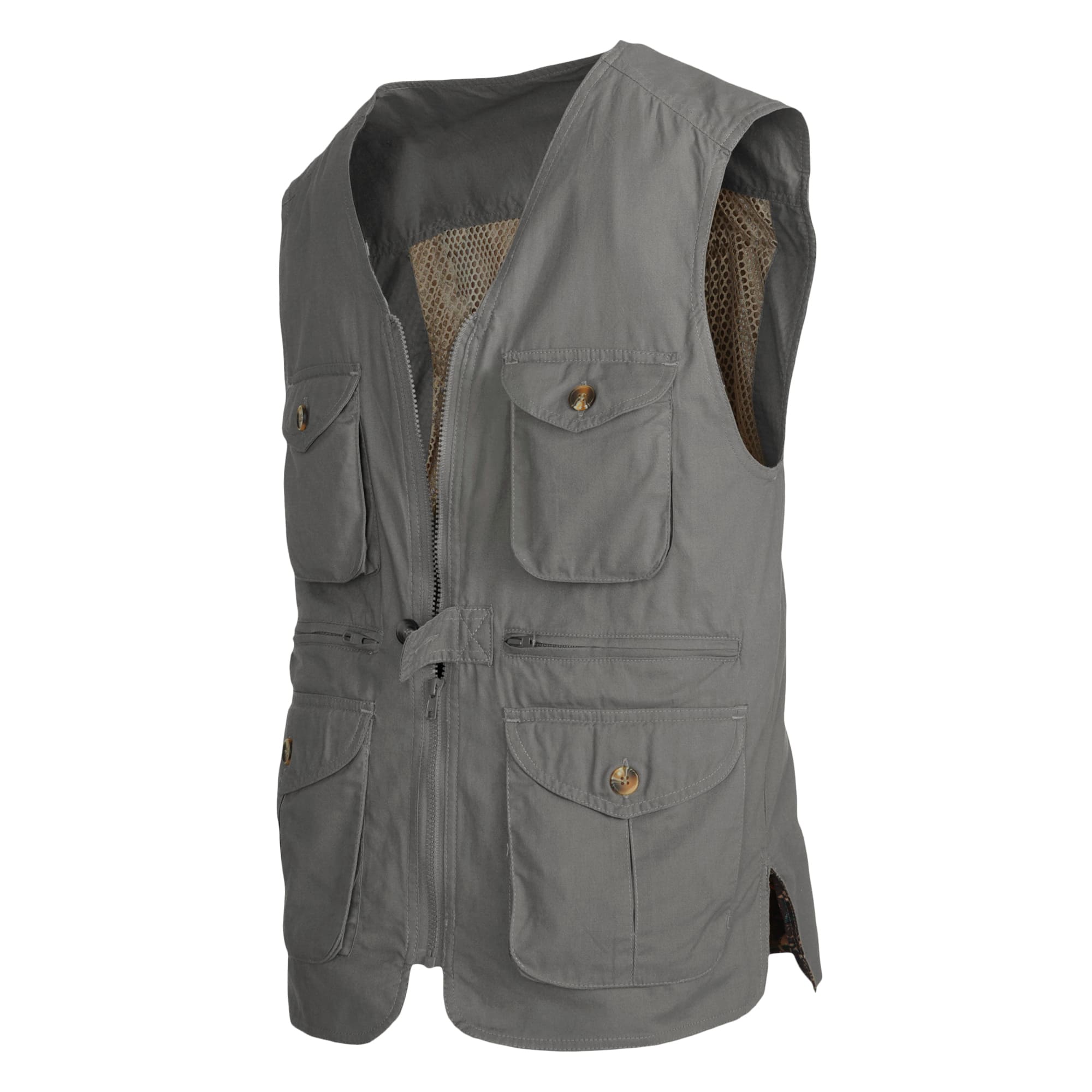 Tag Safari Livingstone Vest for Men features a vented back, mesh liner, flap-covered chest and waist pockets, zippered inside security pockets, and full zippered front closure. Shown in Olive Gray.--3