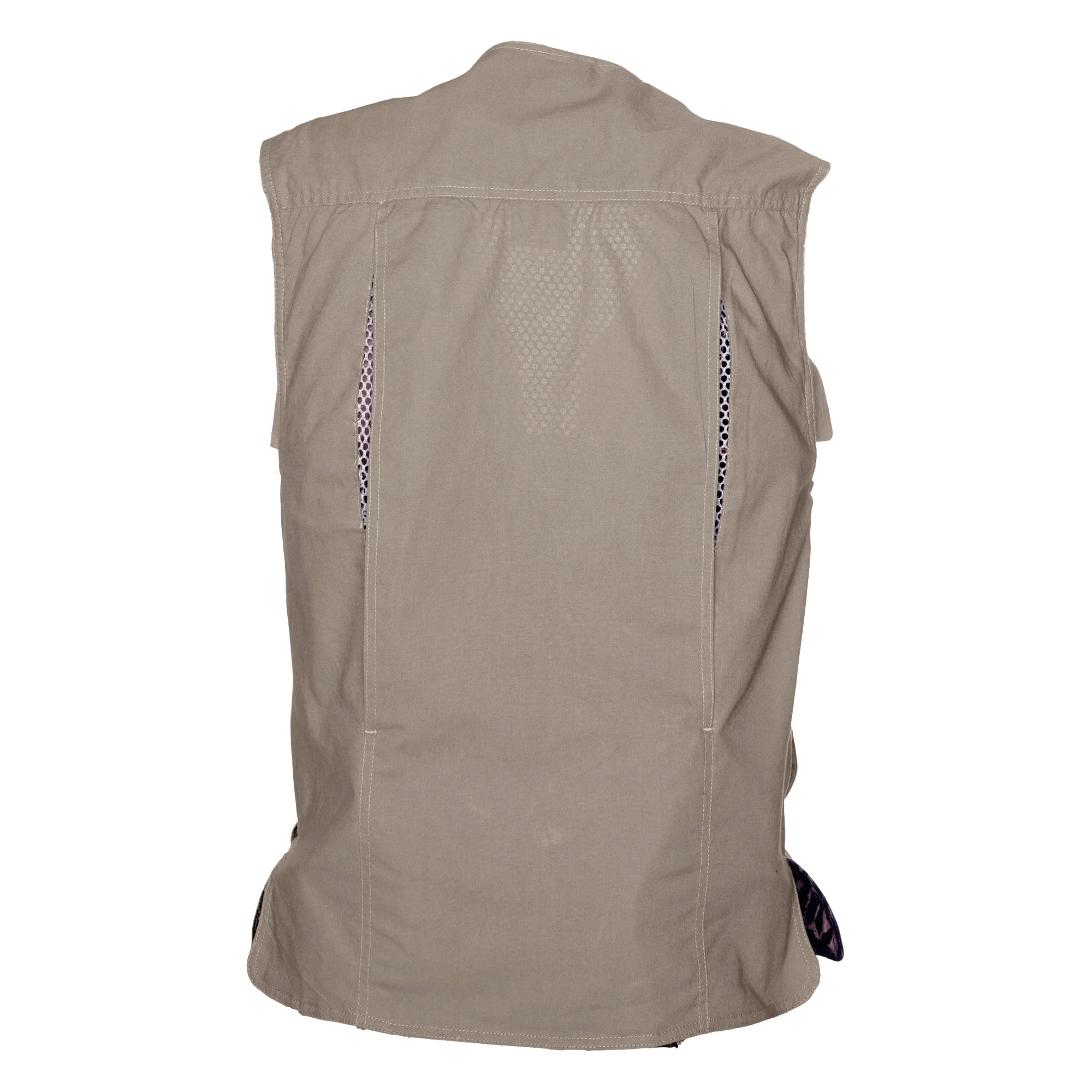 Back view of a Tag Safari Livingstone Vest for Women in Khaki. Shows a vented back and mesh liner.--2