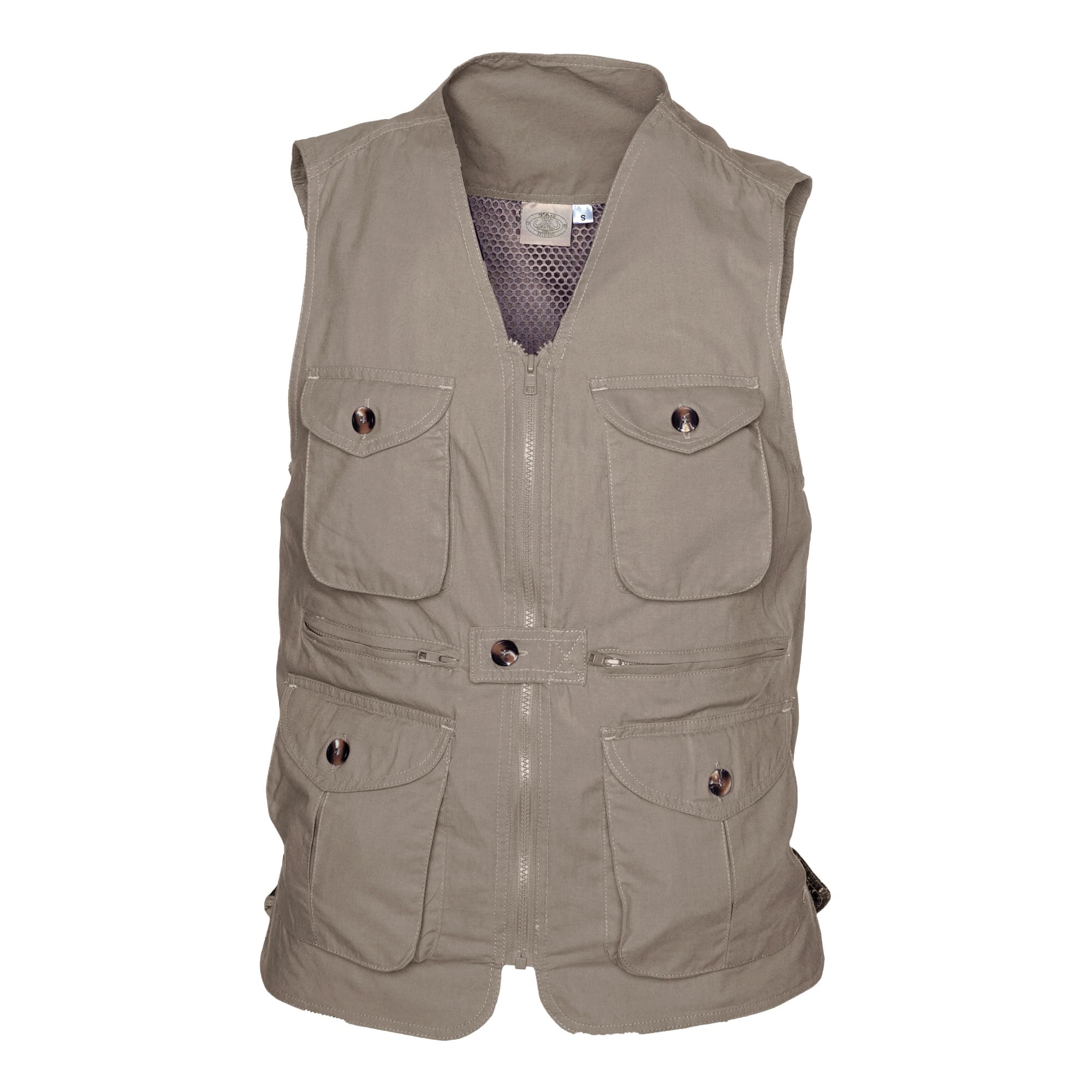 Front view of a Tag Safari Livingstone Vest for Women in Khaki. Shows a mesh liner, two button-flap chest pockets, two zippered waist pockets, two button-flap waist pockets, and a zippered front closure.--1